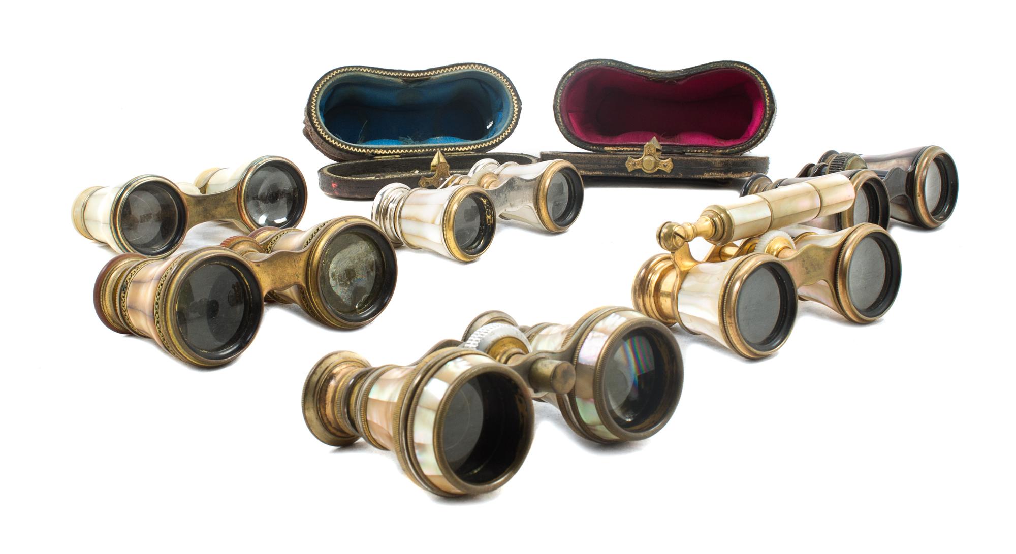 A Collection of Six Mother-of-Pearl Veneered Opera Glasses Width of widest 4 1/4 inches. — 19TH CENTURY AND LATER
