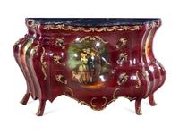 A Louis XV Style Gilt Metal and Vernis Martin Decorated Marble-Top Bombe Commode