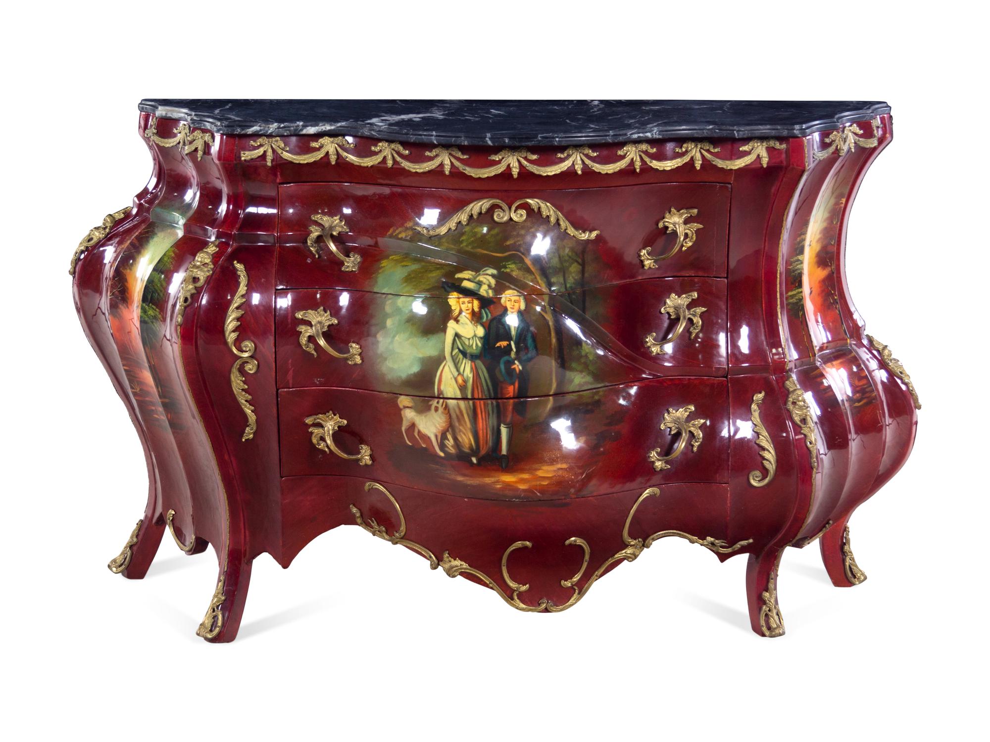 A Louis XV Style Gilt Metal and Vernis Martin Decorated Marble-Top Bombe Commode