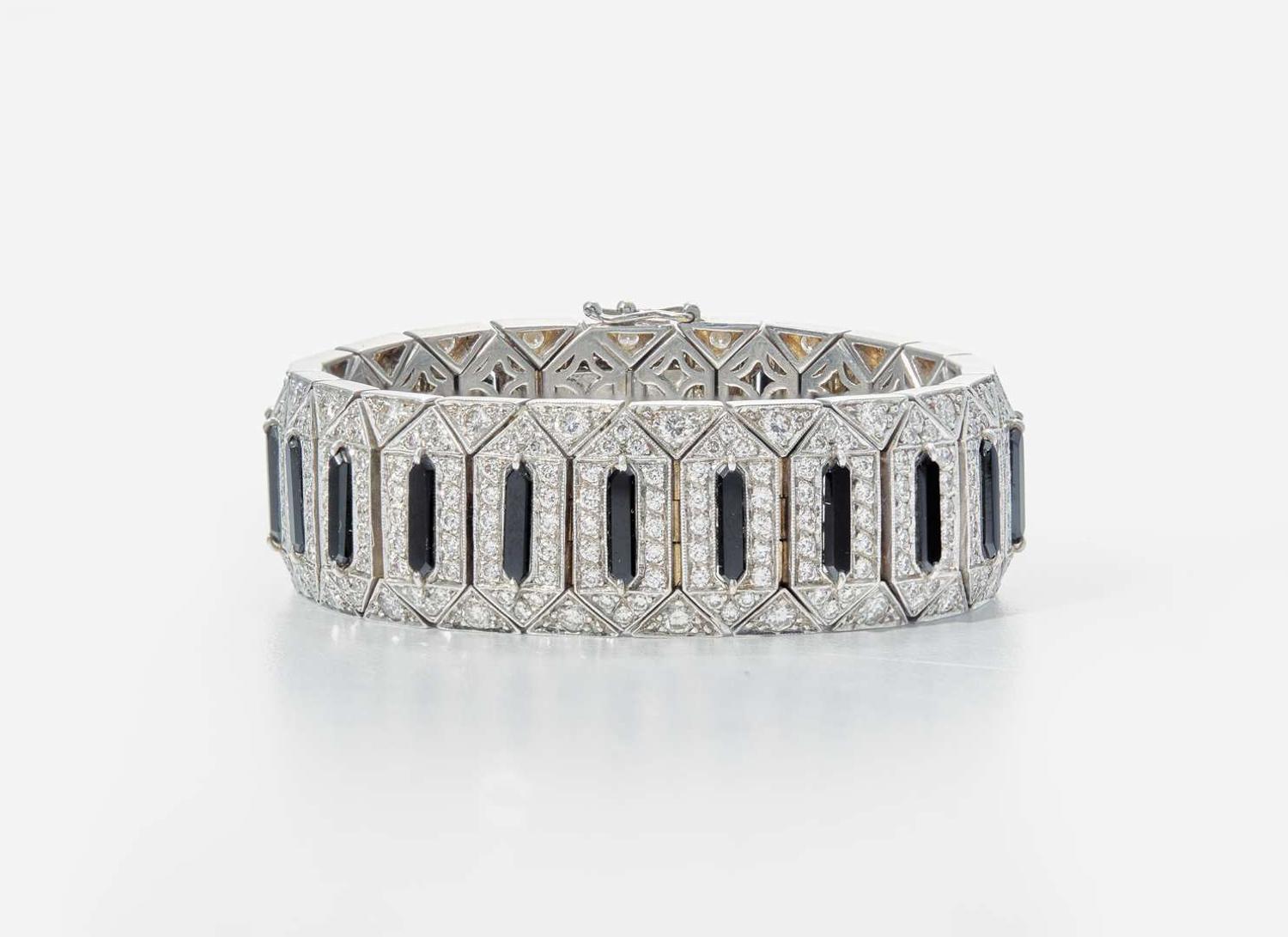 A 14K White Gold, Onyx, and Diamond Bracelet