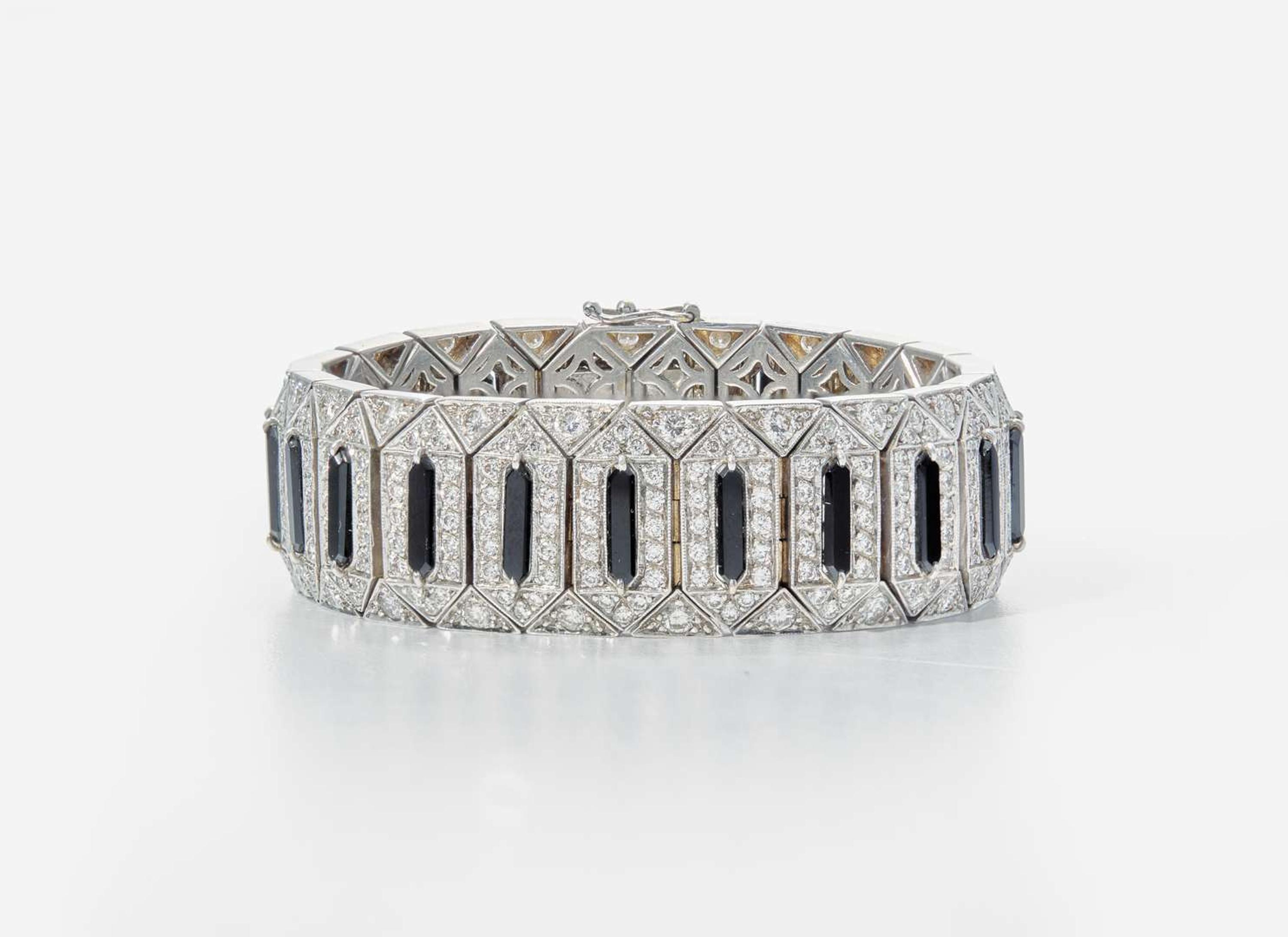 A 14K White Gold, Onyx, and Diamond Bracelet