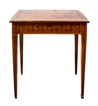 A Louis XVI Style Parquetry Decorated Fruitwood Jewelry Table Height 30 x width 23 1/2 x depth 15 1/4 inches. — 19TH/20TH CENTURY