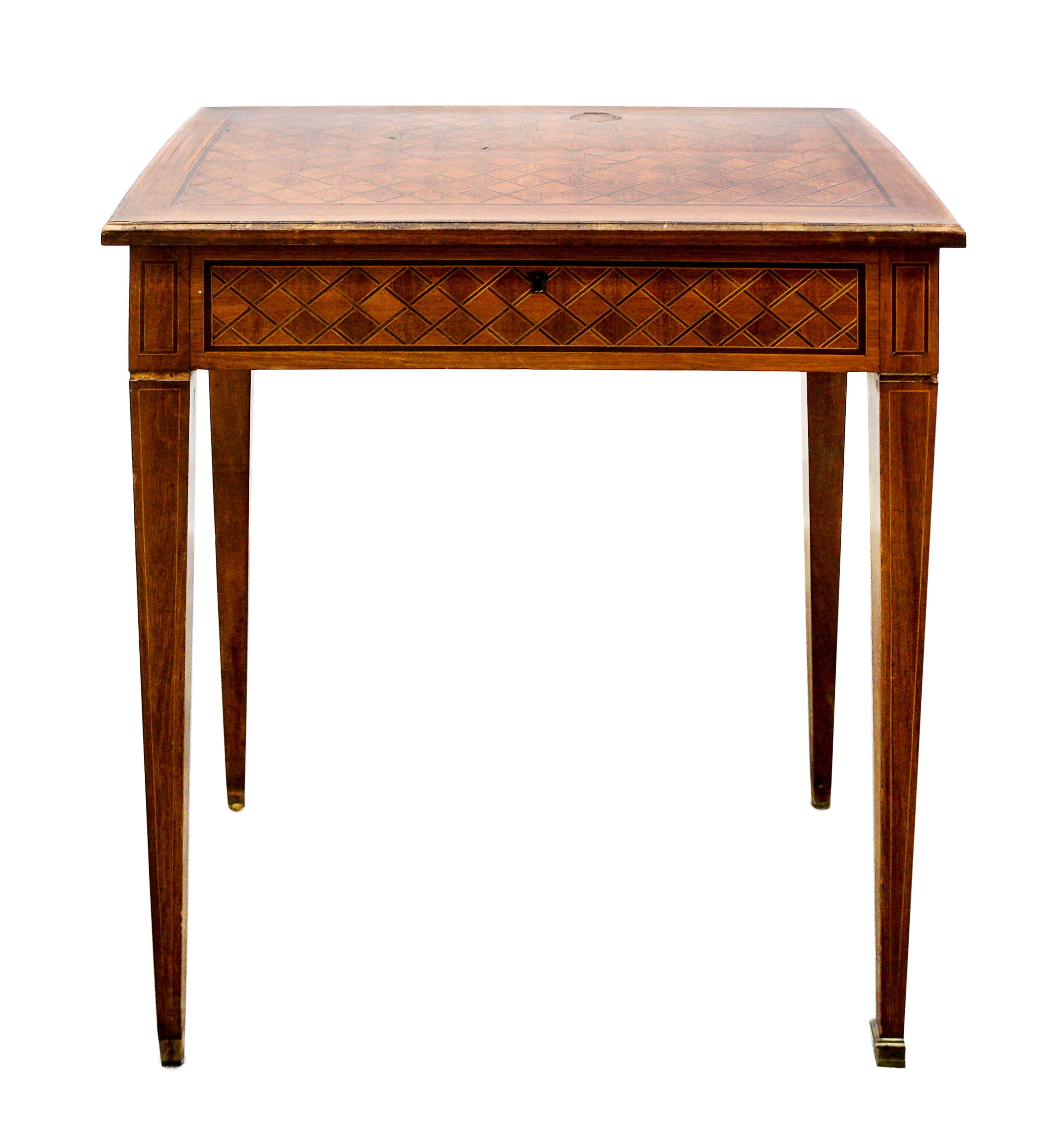A Louis XVI Style Parquetry Decorated Fruitwood Jewelry Table Height 30 x width 23 1/2 x depth 15 1/4 inches. — 19TH/20TH CENTURY