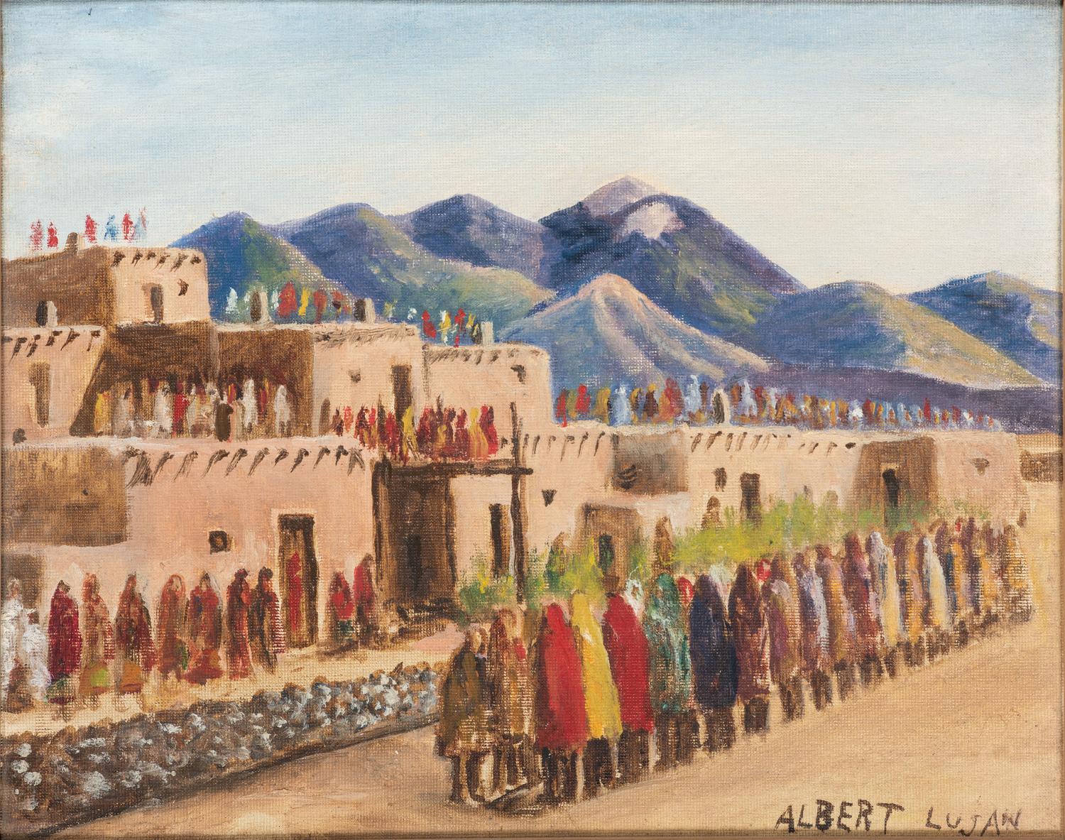 untitled, Taos pueblo with figures in procession