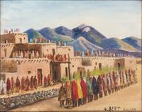 untitled, Taos pueblo with figures in procession