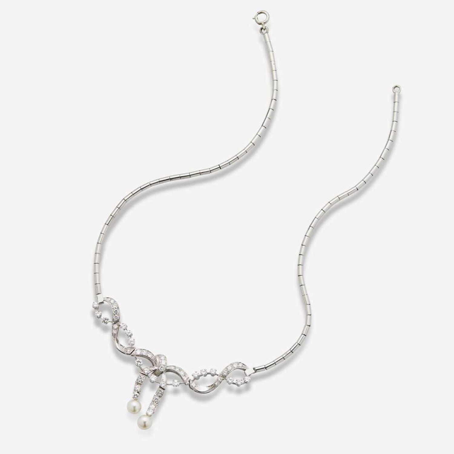 A 14K White Gold, Diamond, and Pearl Necklace