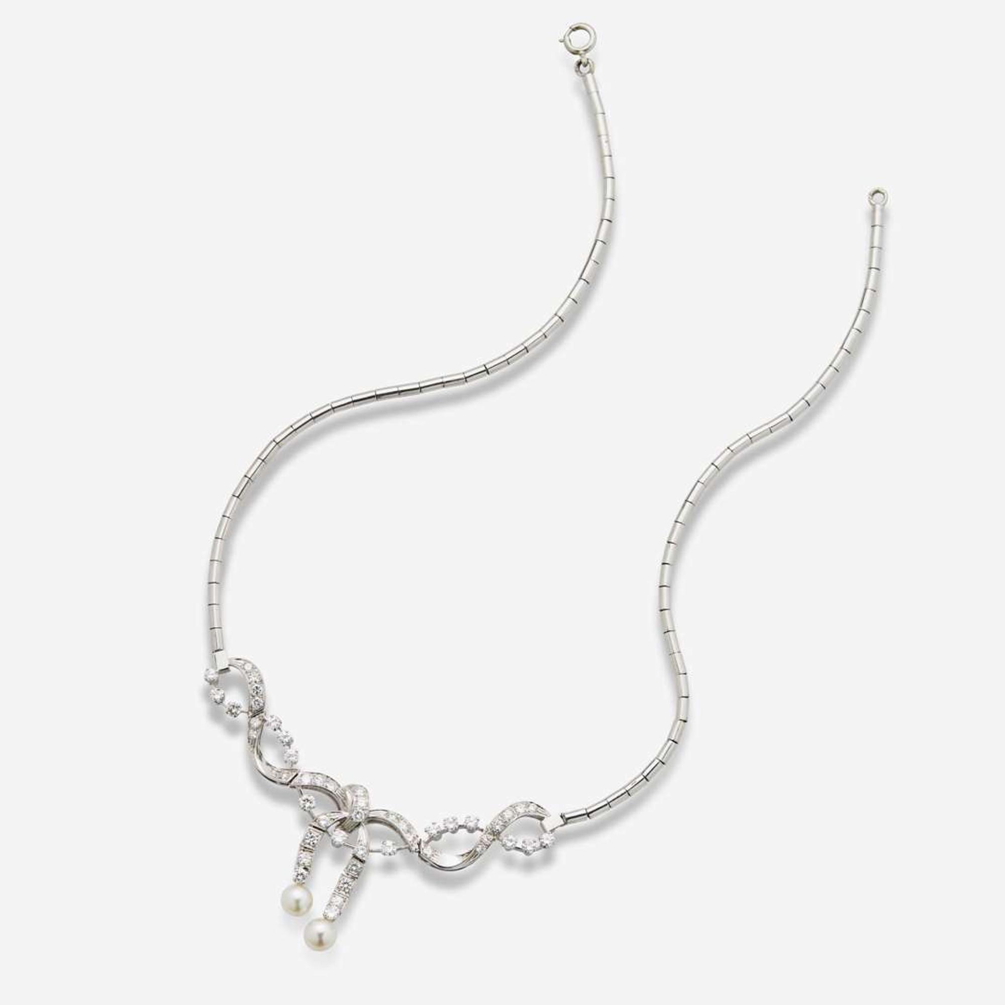 A 14K White Gold, Diamond, and Pearl Necklace