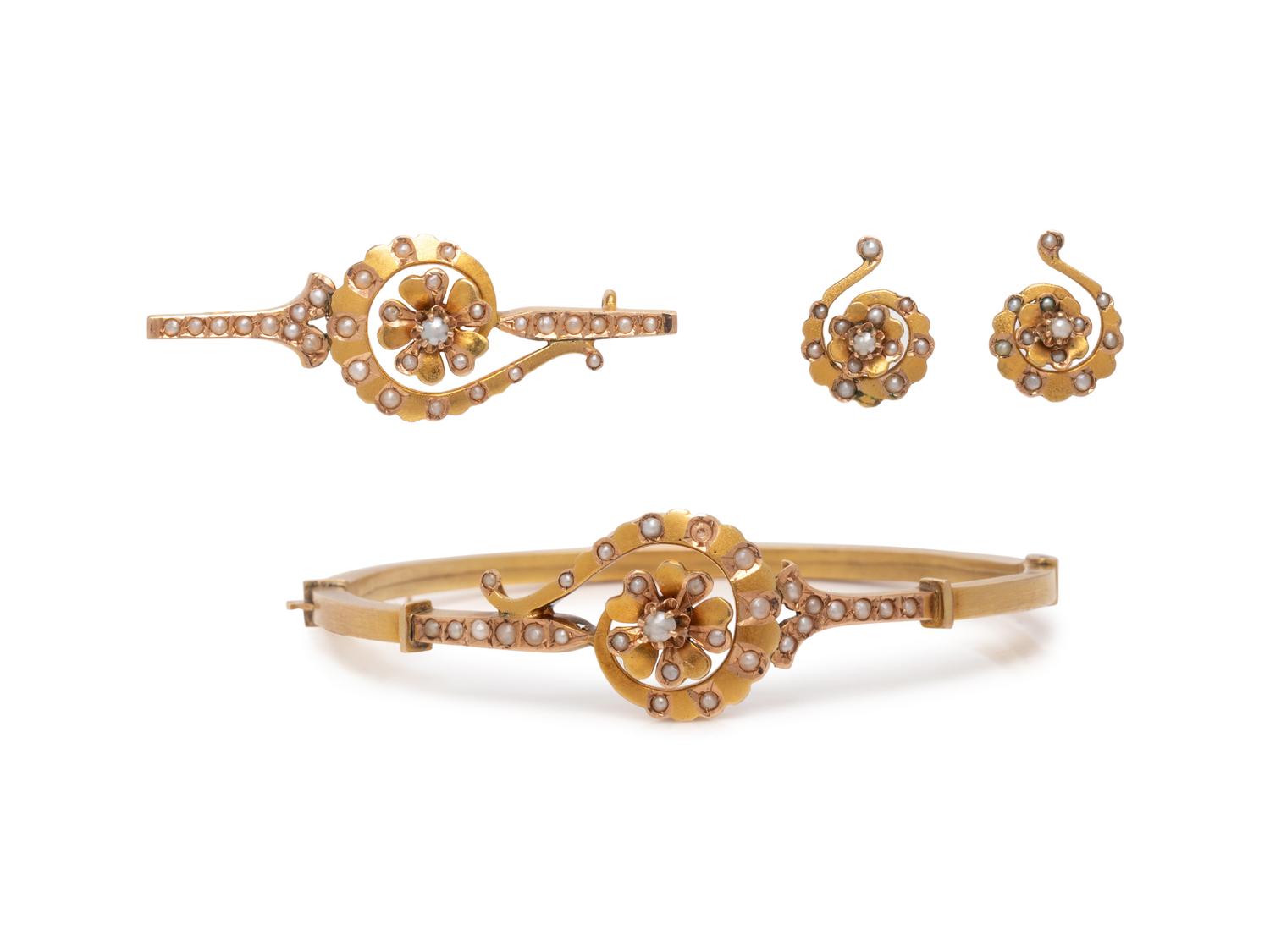 YELLOW GOLD AND SEED PEARL JEWELRY