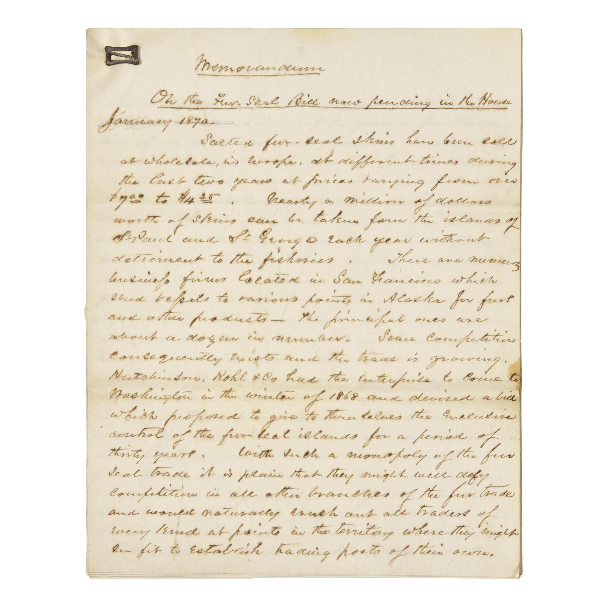 [Alaska] Manuscript Document, "On the Fur Seal Bill"