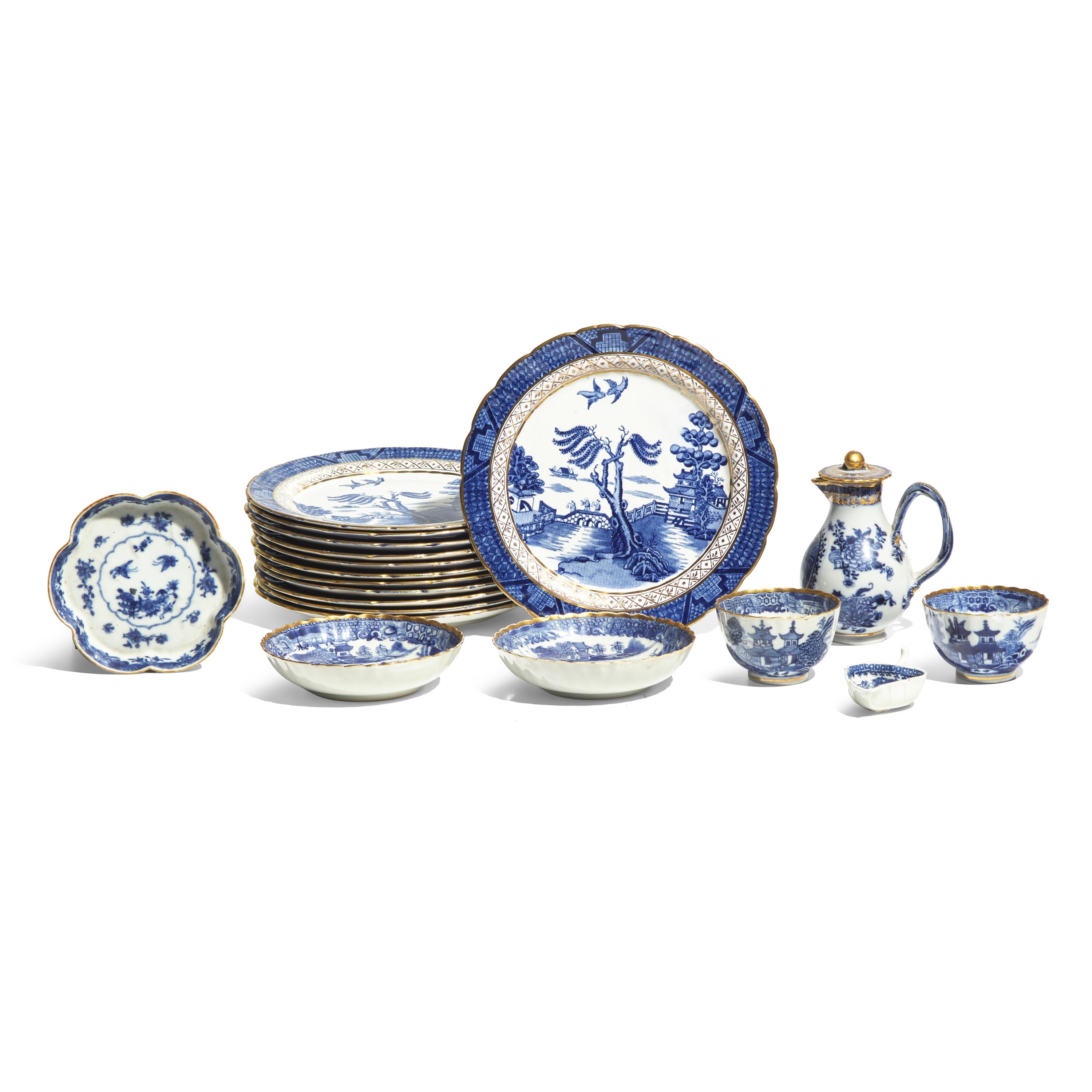An Assorted Group of Chinese Export and English Porcelain Gilt-Decorated and Blue and White Tablewares