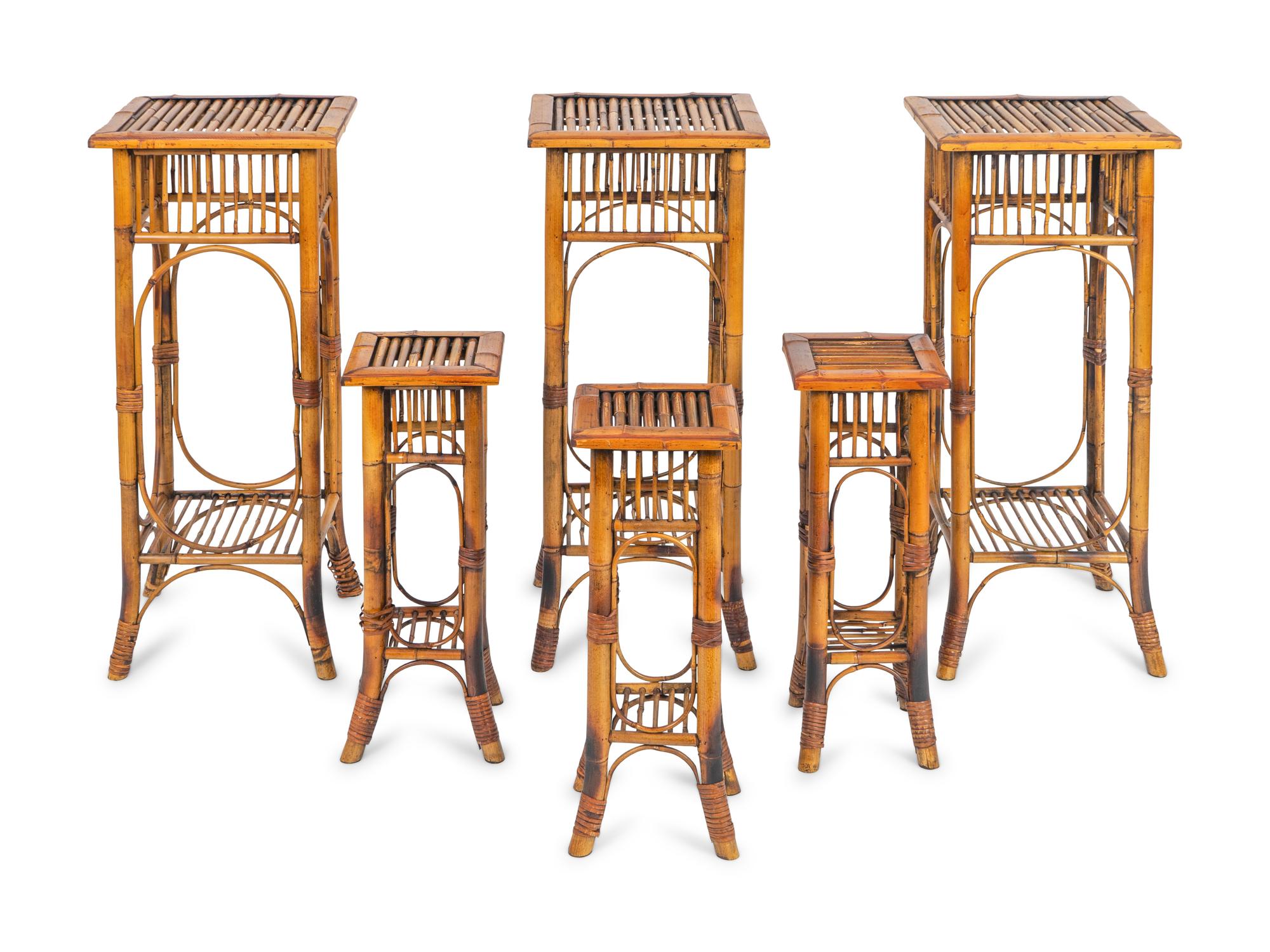 Six Scorched Bamboo Plant Stands in Graduated Sizes