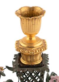 A Pair of Louis XVI Gilt Bronze, Tôle and Porcelain Candlesticks