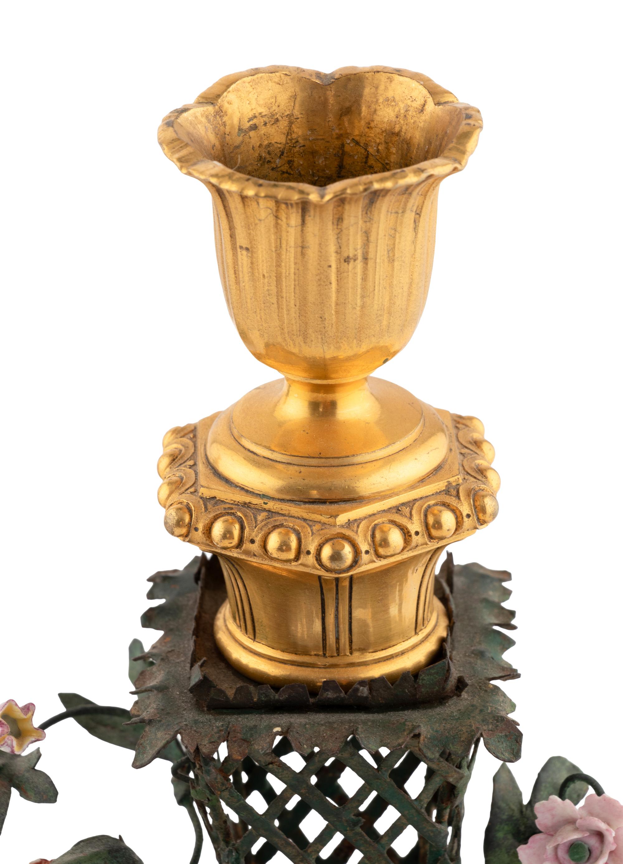 A Pair of Louis XVI Gilt Bronze, Tôle and Porcelain Candlesticks