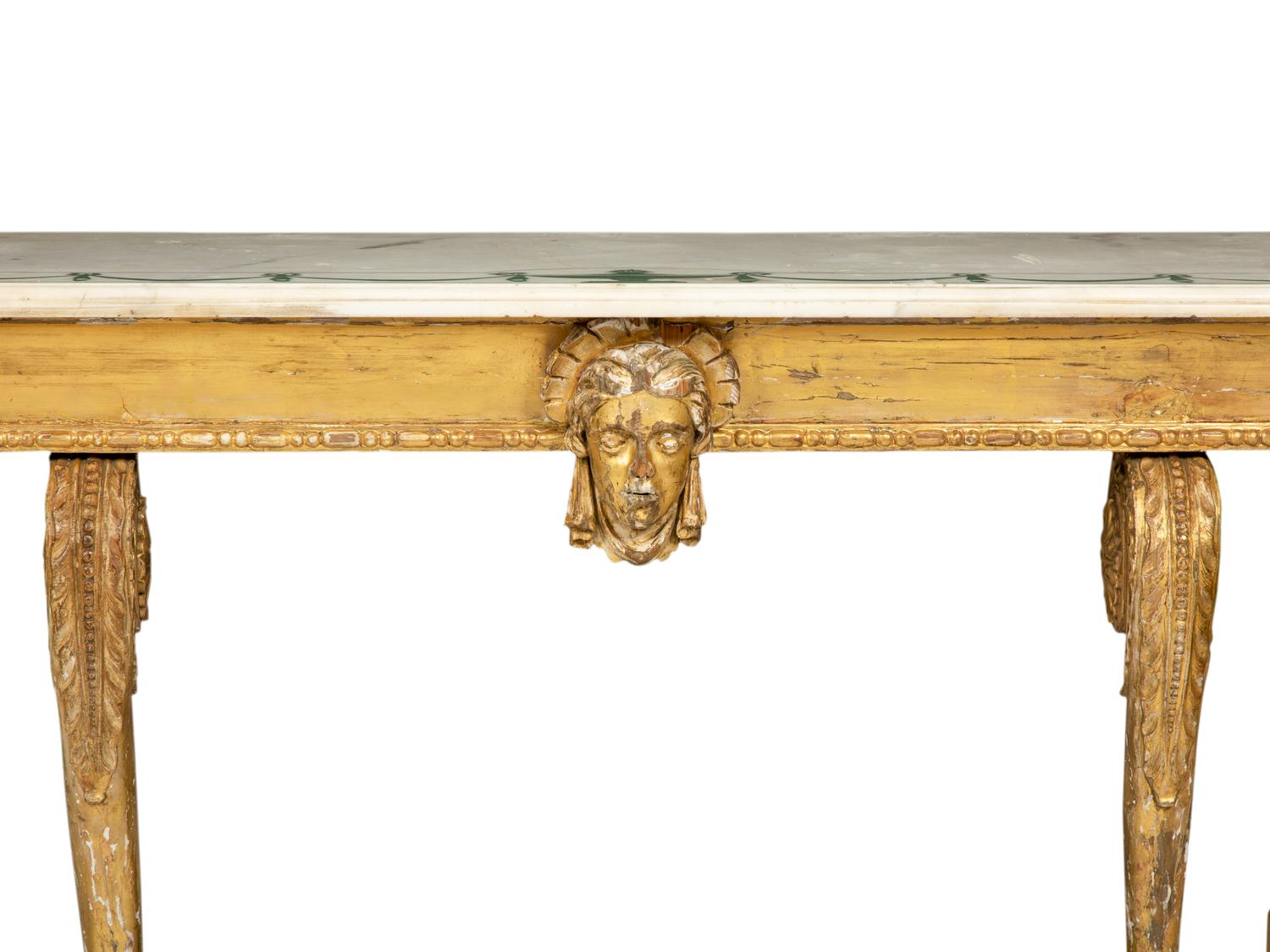 A Palladian Revival Giltwood, Inlaid Marble and Faux Marble-Painted Console Table