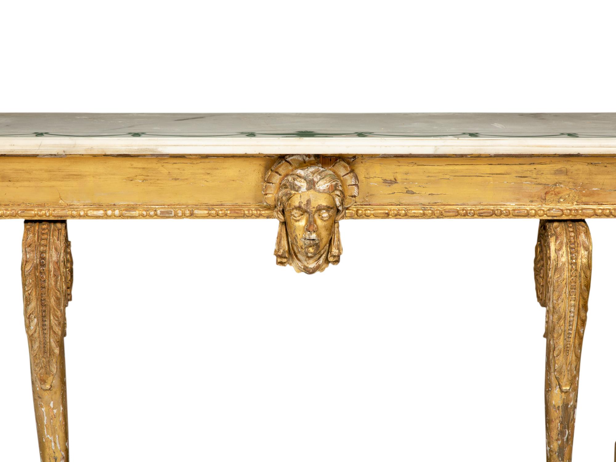 A Palladian Revival Giltwood, Inlaid Marble and Faux Marble-Painted Console Table
