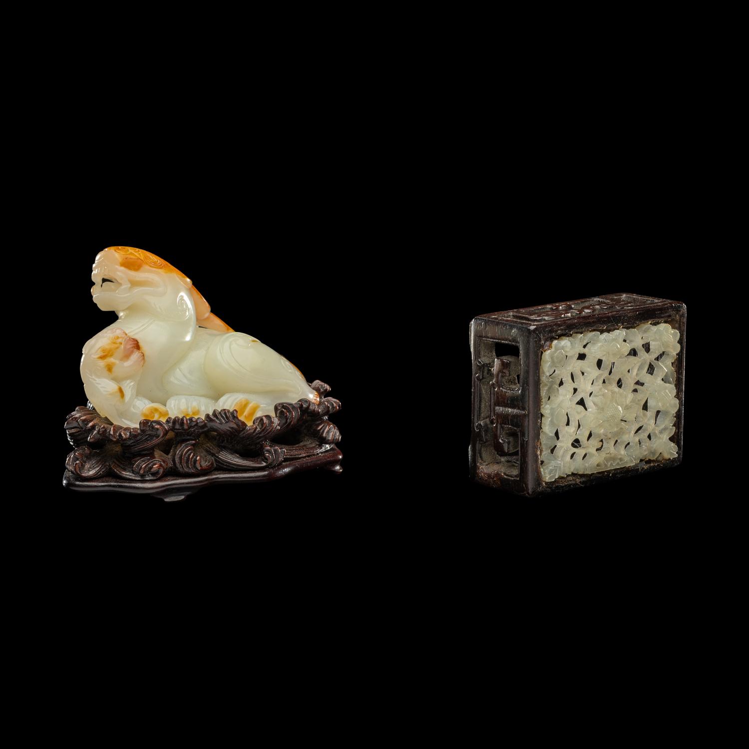 Two Chinese Carved Jade Articles 白玉天祿及青玉鏤雕蓮紋墨床