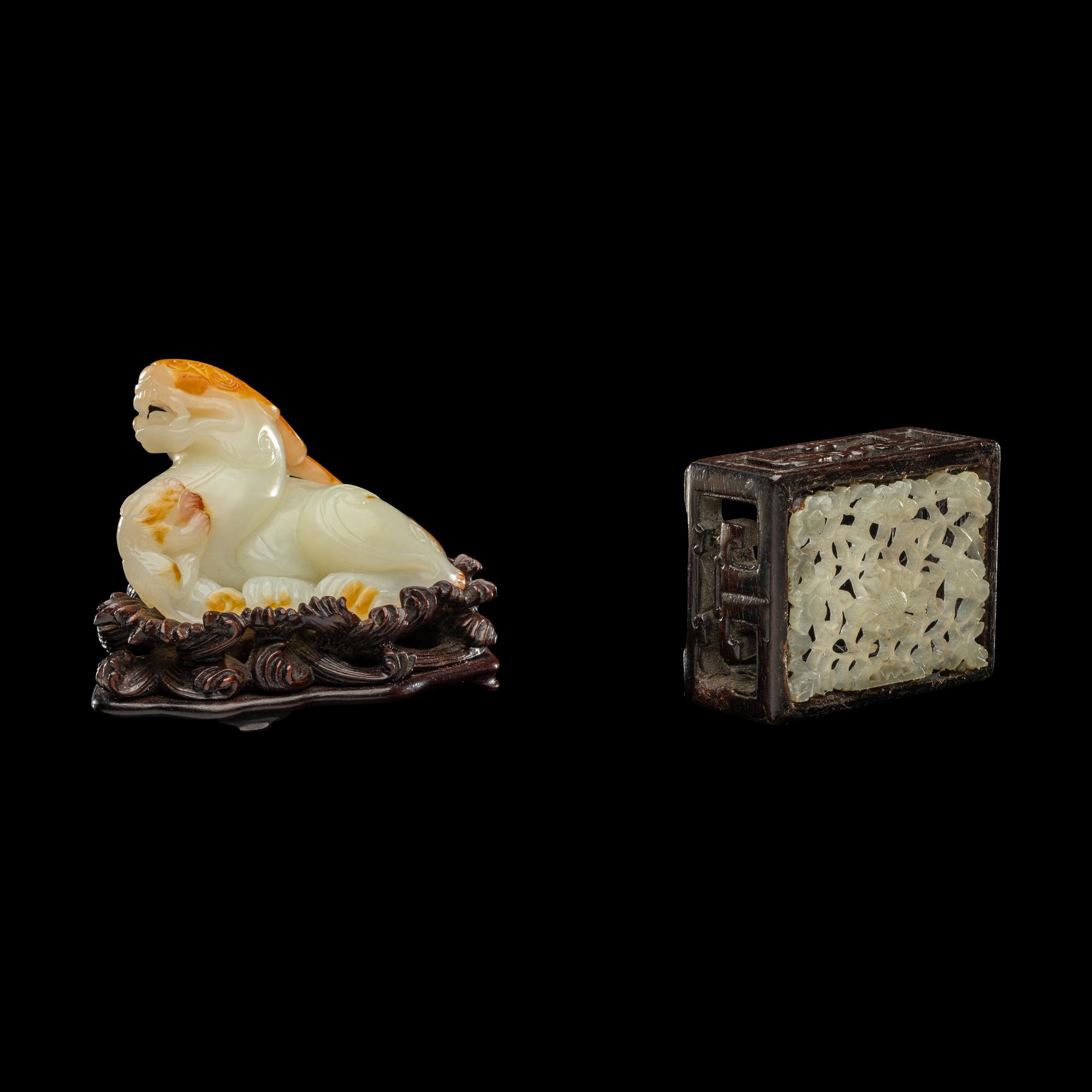 Two Chinese Carved Jade Articles 白玉天祿及青玉鏤雕蓮紋墨床