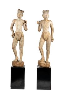 A Pair of Burmese Mandalay Carved and Painted Wood Figures
