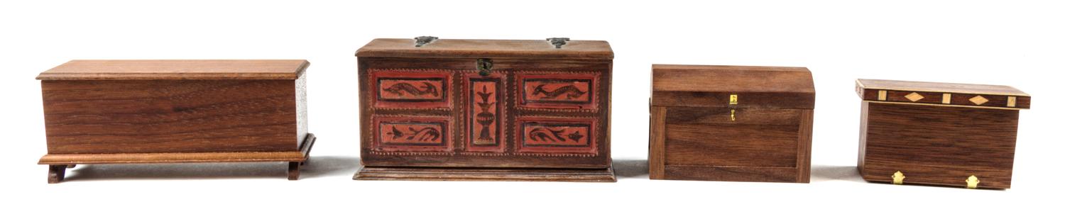 An Assembled Group of Three Chests and a Trunk Largest height 2 1/4 x width 4 1/2 x depth 1 3/4 inches. — Various Makers