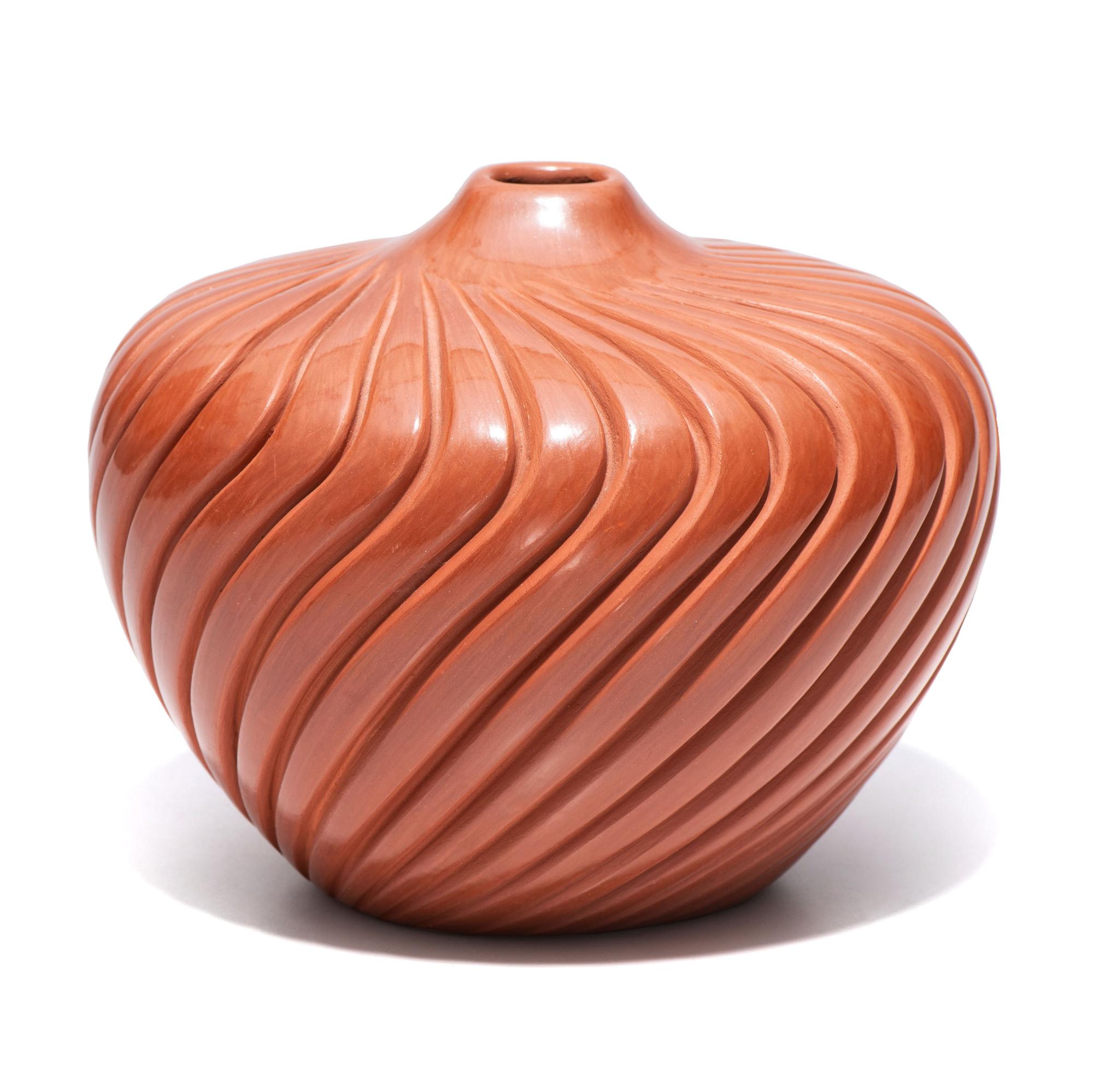 Deeply Carved Redware Pottery Jar