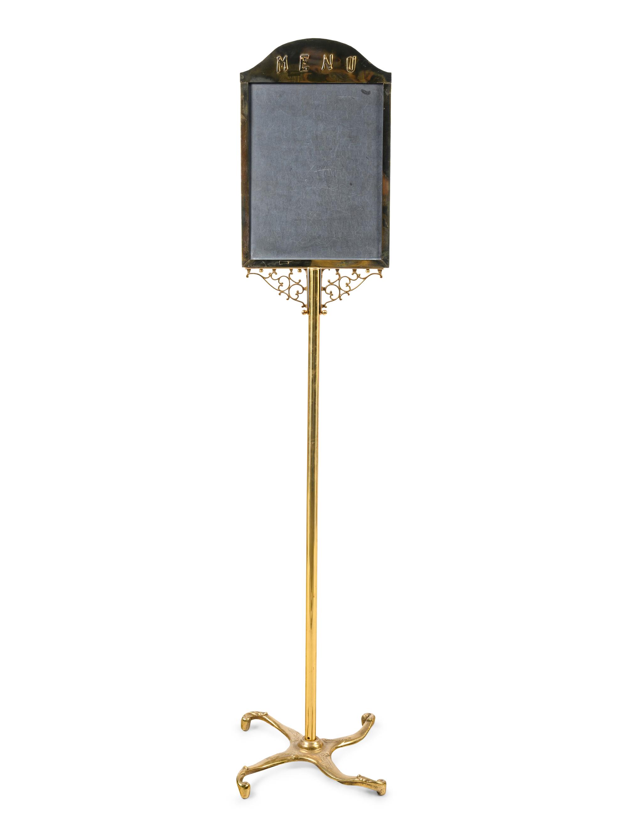 An American Cast Brass and Chalkboard Menu Stand