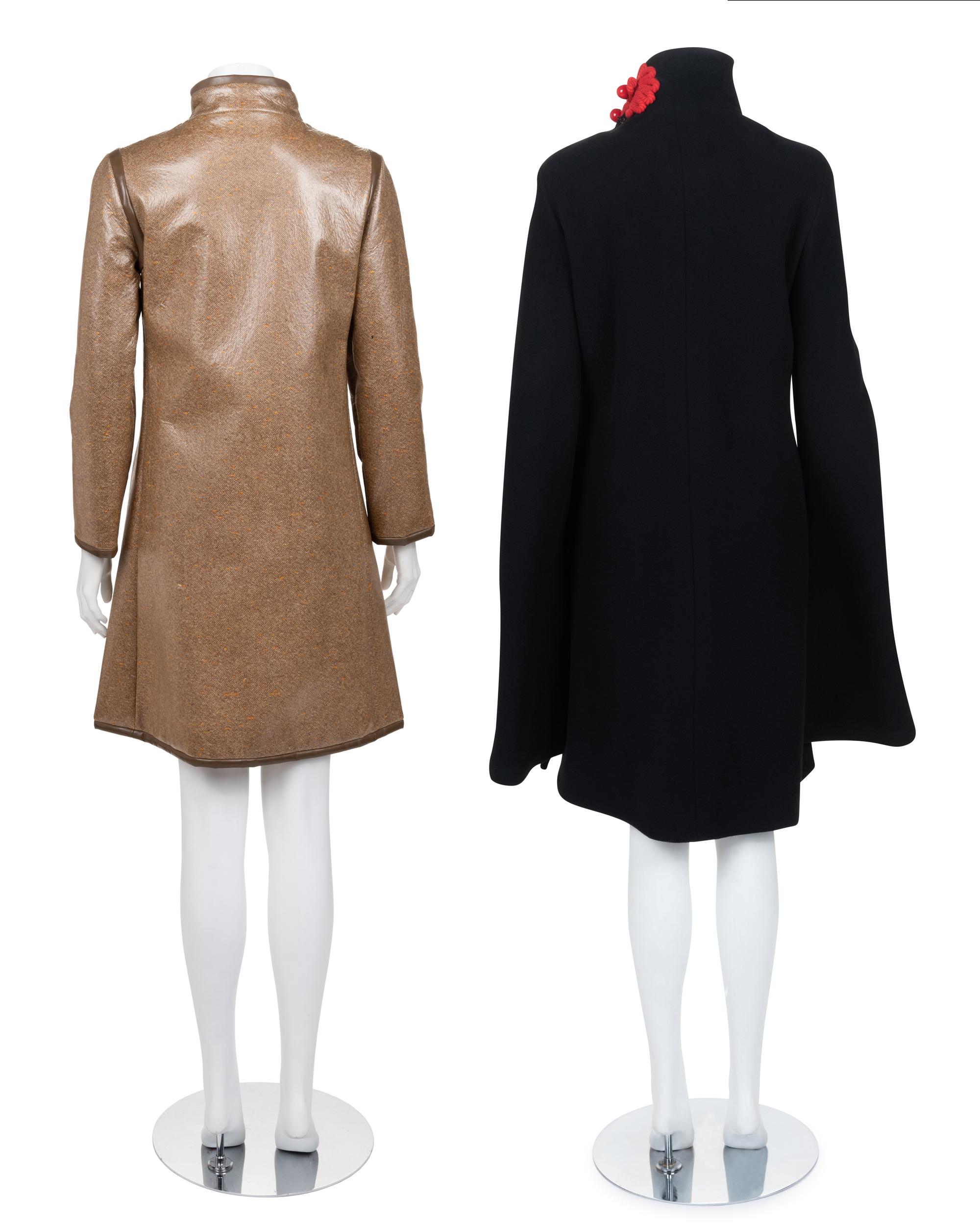 Two Pierre Cardin Coats: One Black, One Brown Vinyl Coated Tweed, 1960-70s