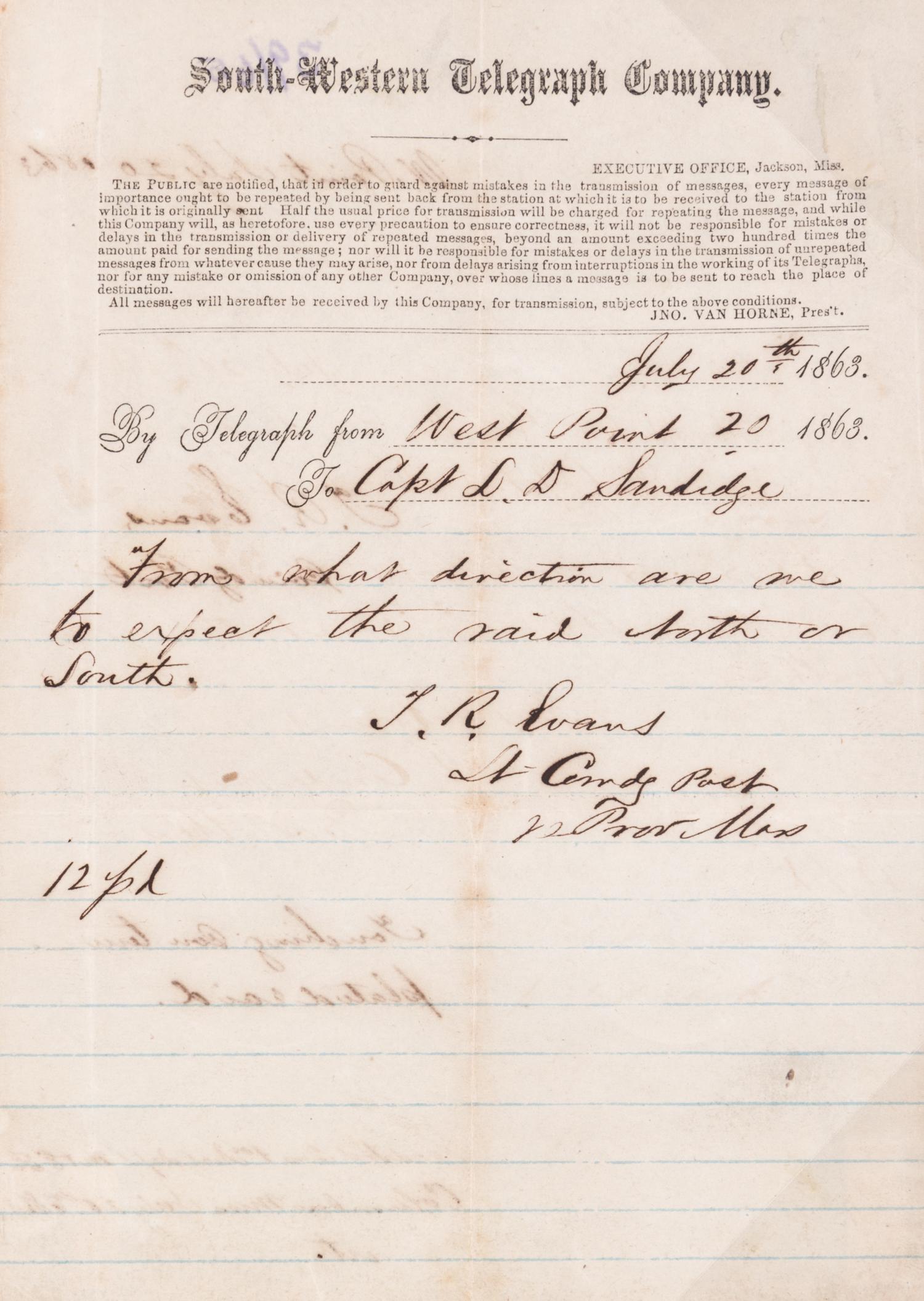 (CIVIL WAR; MISSISSIPPI) Six telegrams sent between June 17, 1862 and August 8, 1863.