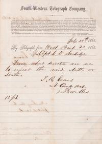 (CIVIL WAR; MISSISSIPPI) Six telegrams sent between June 17, 1862 and August 8, 1863.