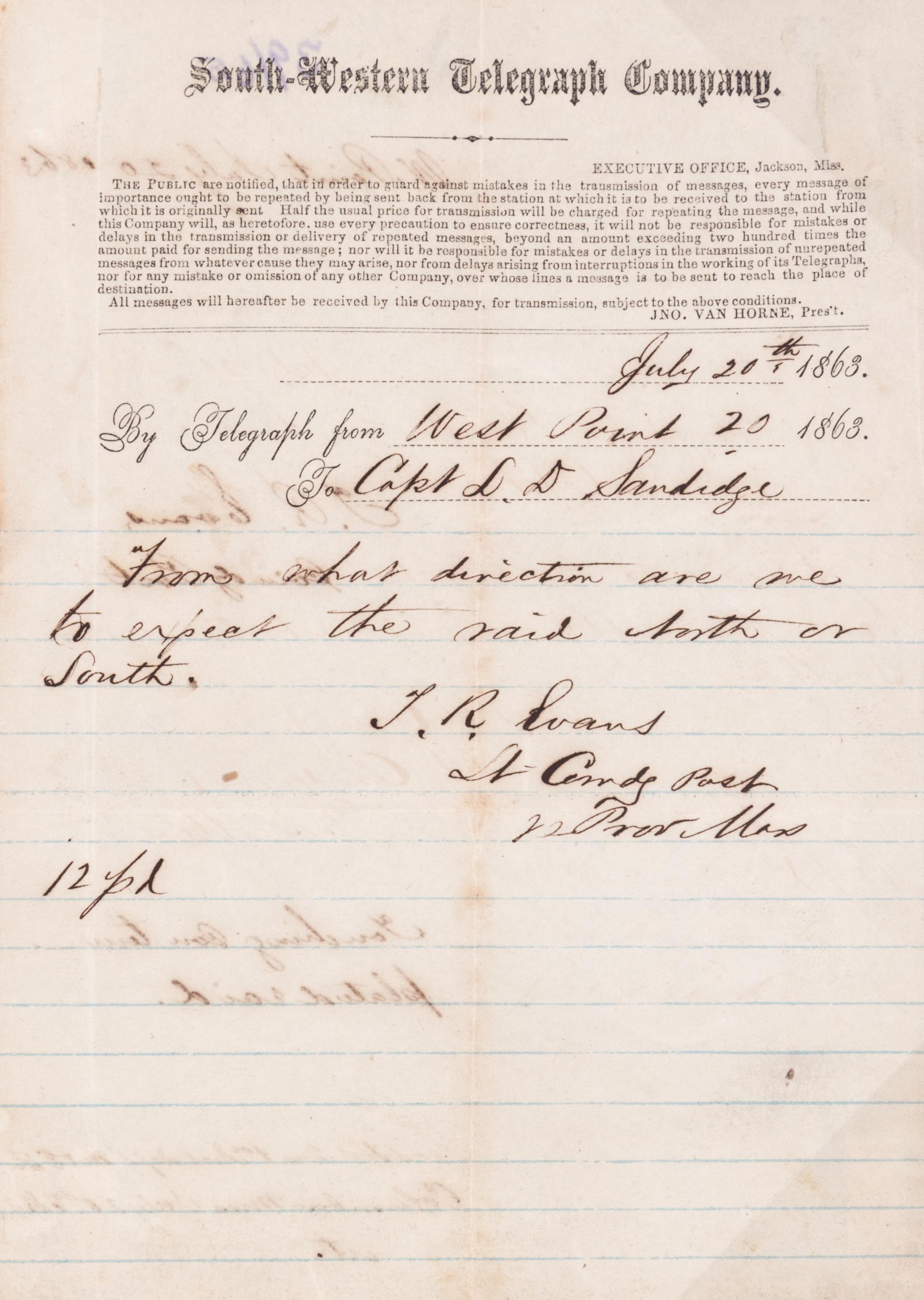 (CIVIL WAR; MISSISSIPPI) Six telegrams sent between June 17, 1862 and August 8, 1863.