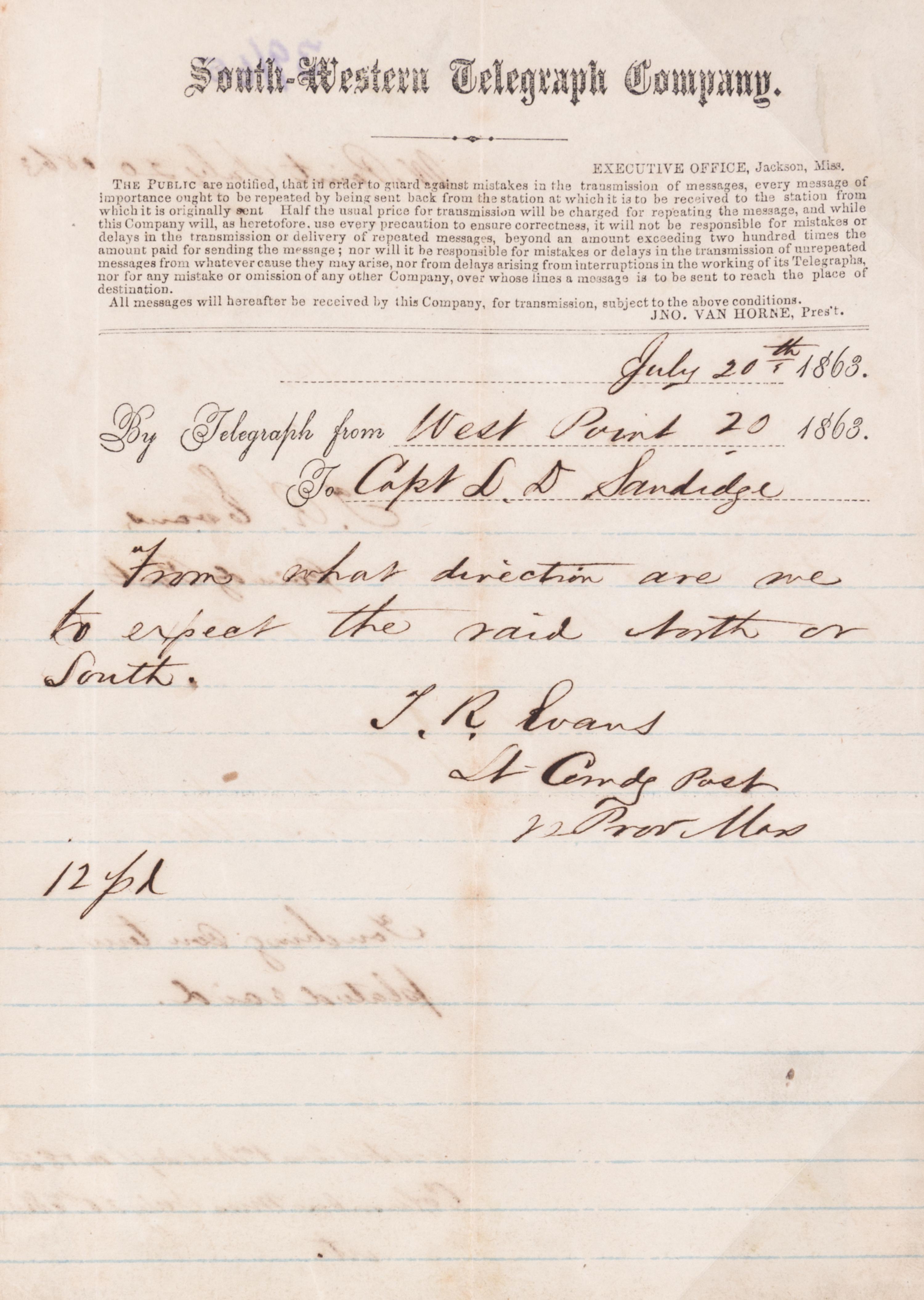 (CIVIL WAR; MISSISSIPPI) Six telegrams sent between June 17, 1862 and August 8, 1863.