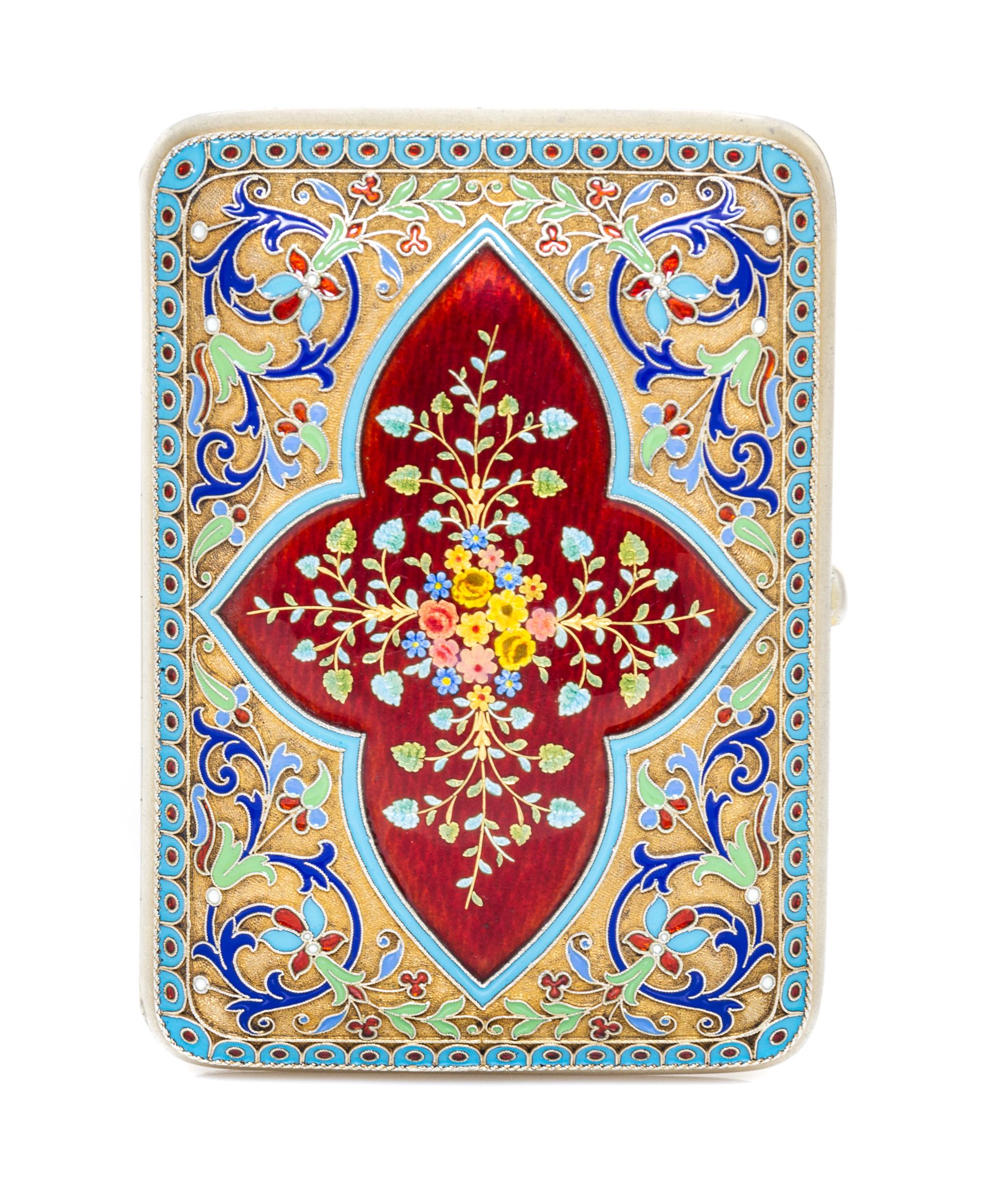 A Russian Silver-Gilt and Guilloche Enamel Cigarette Case, Mark of Grachev with Imperial warrant, St. Petersburg, the lid having a tran