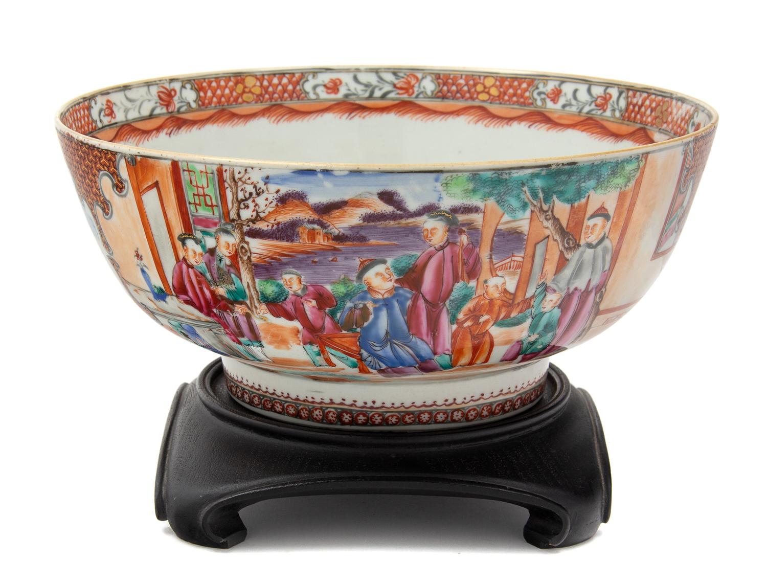 A Chinese Export Famille Rose 'Mandarin Palette' Porcelain Punch Bowl