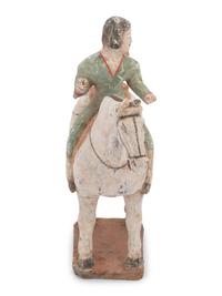 A Chinese Painted Pottery Figure of an Equestrienne with a Leopard