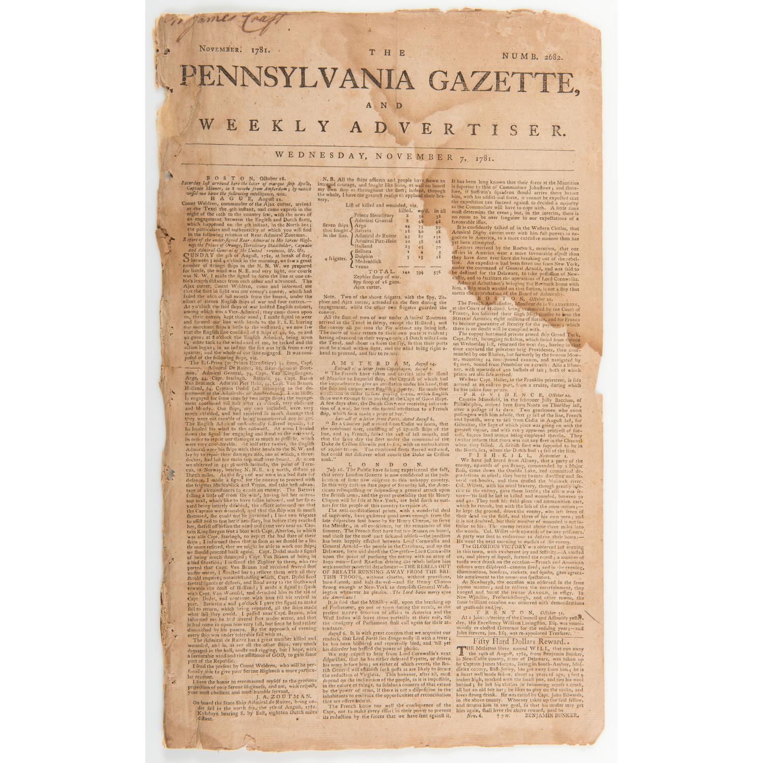 Battle of Yorktown and General Cornwallis' Surrender Covered in the Pennsylvania Gazette and Weekly Advertiser , 1781