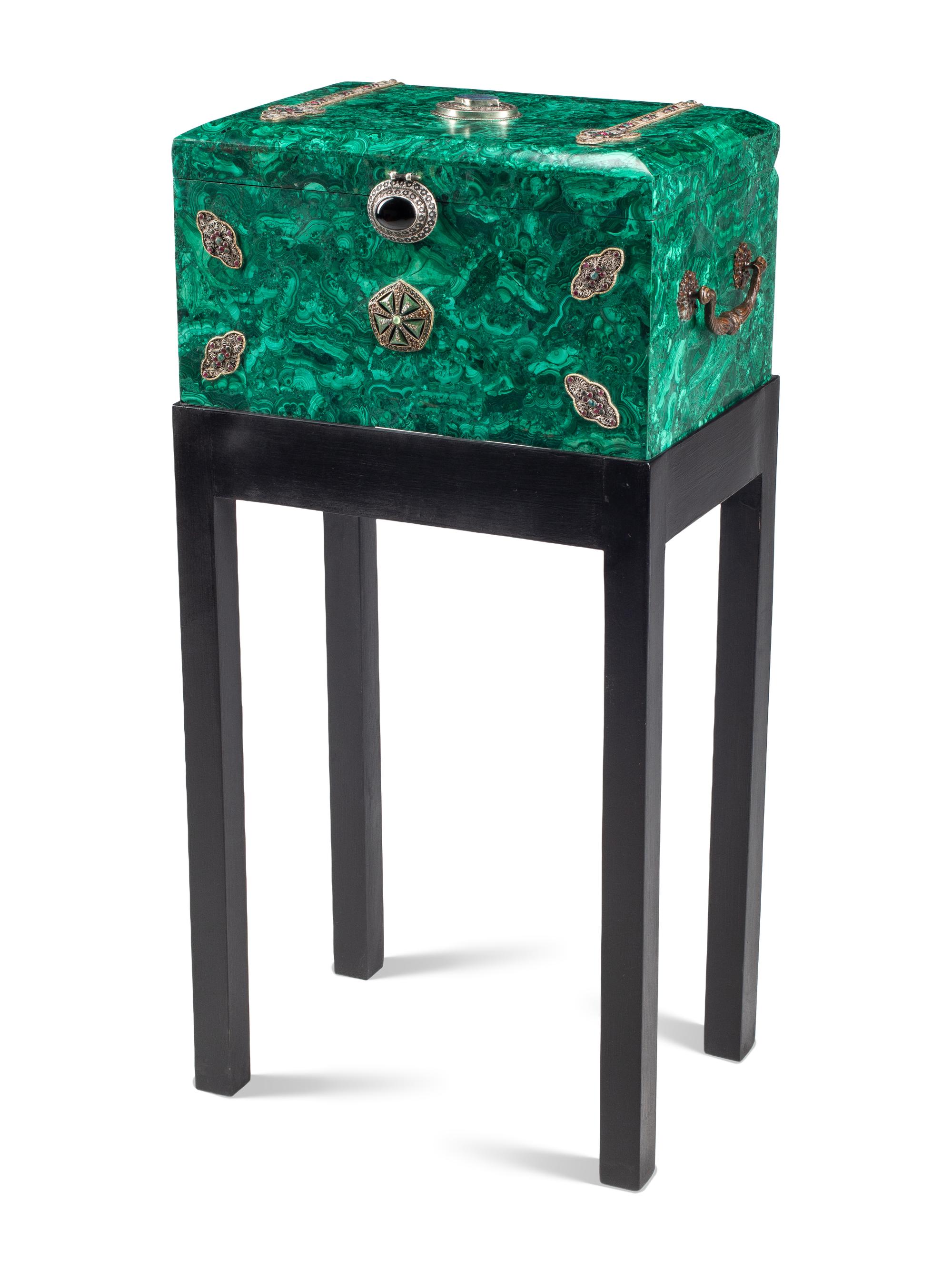 A Large Jeweled Malachite Casket on Stand