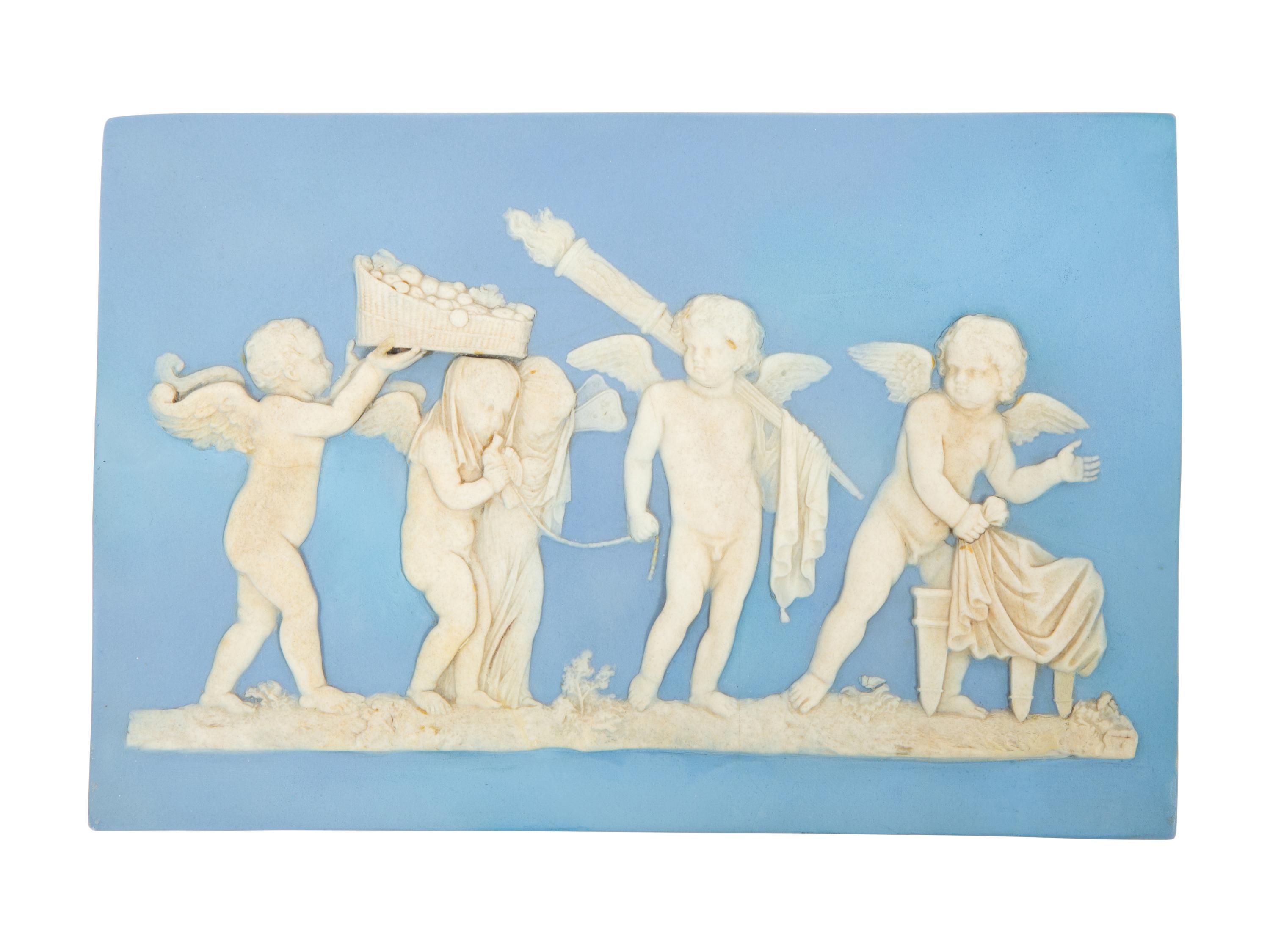 A Pair of Wedgwood Blue Jasperware Plaques The Marriage of Cupid and Psyche and Sacrifice to Hymen