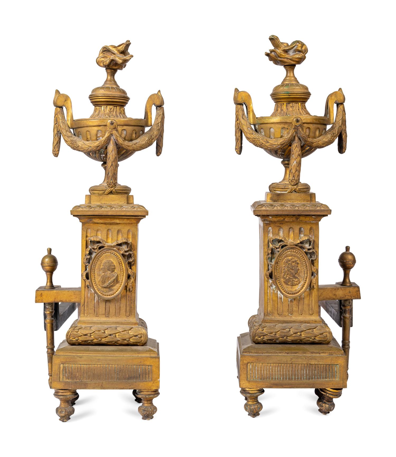 A Pair of Louis XVI Style Gilt Bronze Andirons