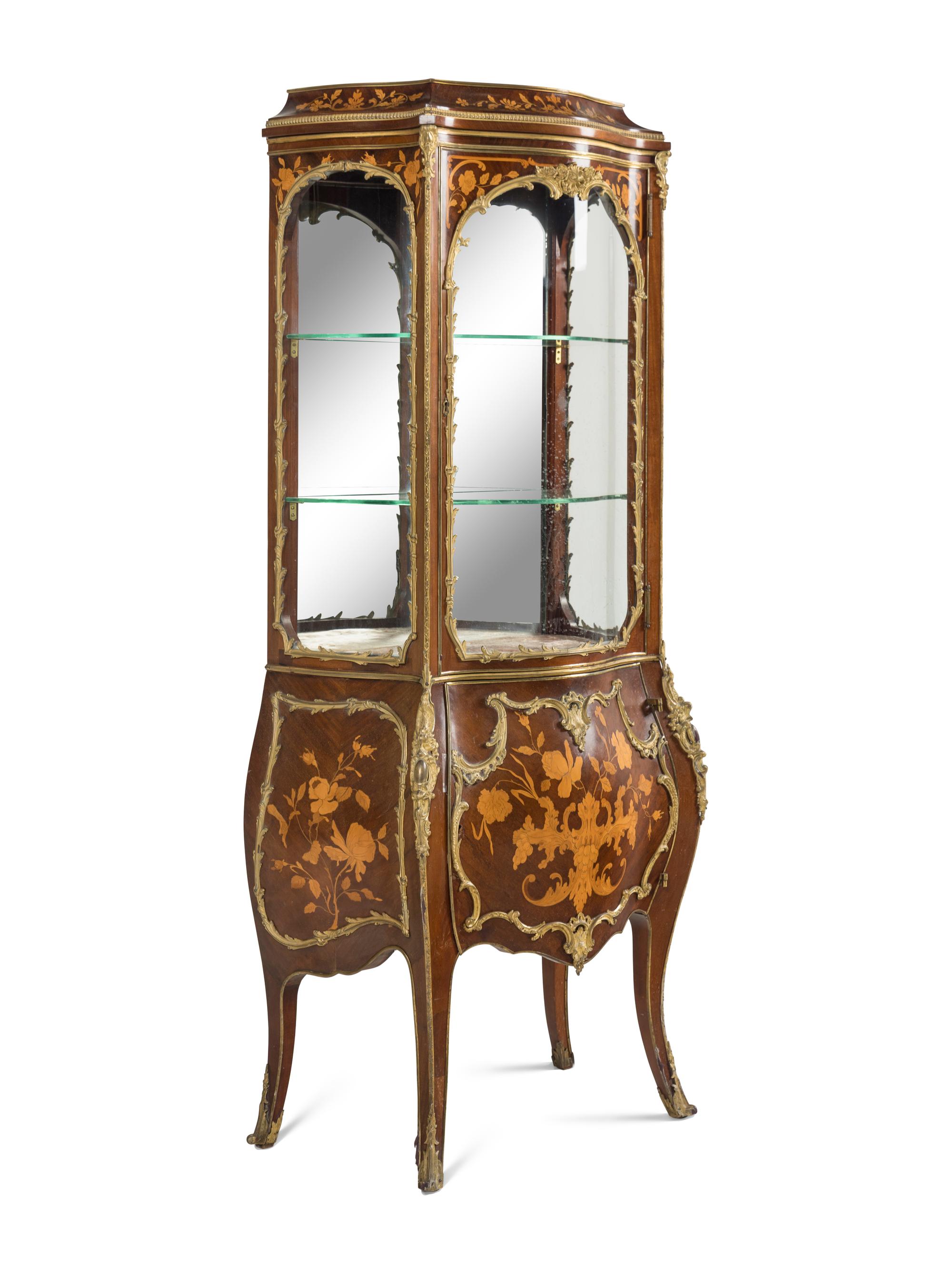 A Louis XV Style Gilt Bronze Mounted Mahogany and Marquetry Vitrine Cabinet