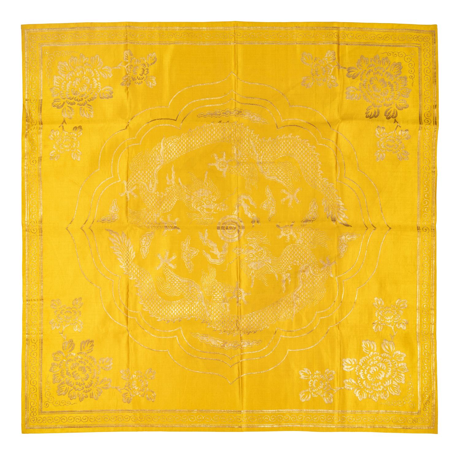 Two Chinese Yellow Embroidered Silk Panels