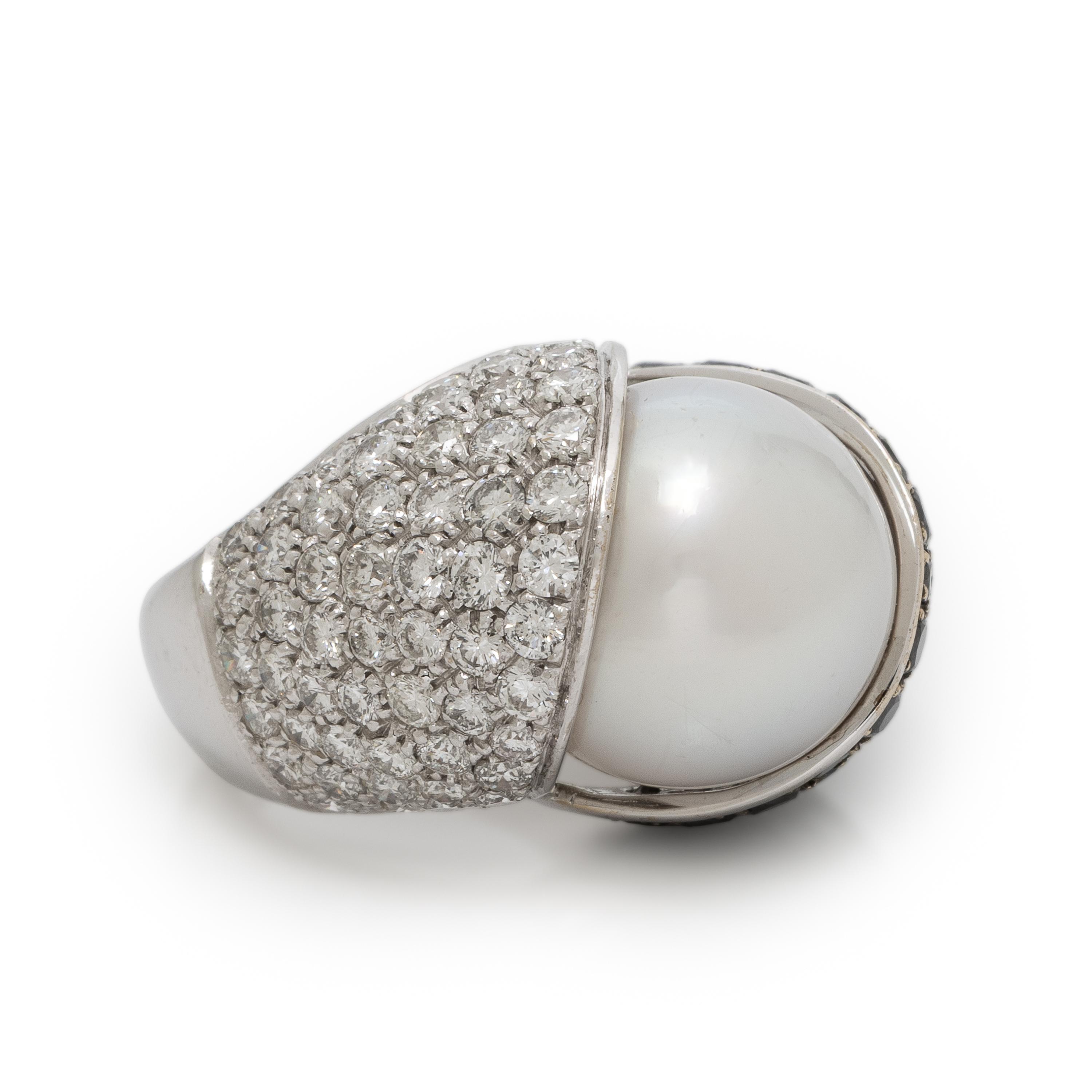 Cultured Pearl, Diamond, and Black Diamond Ring