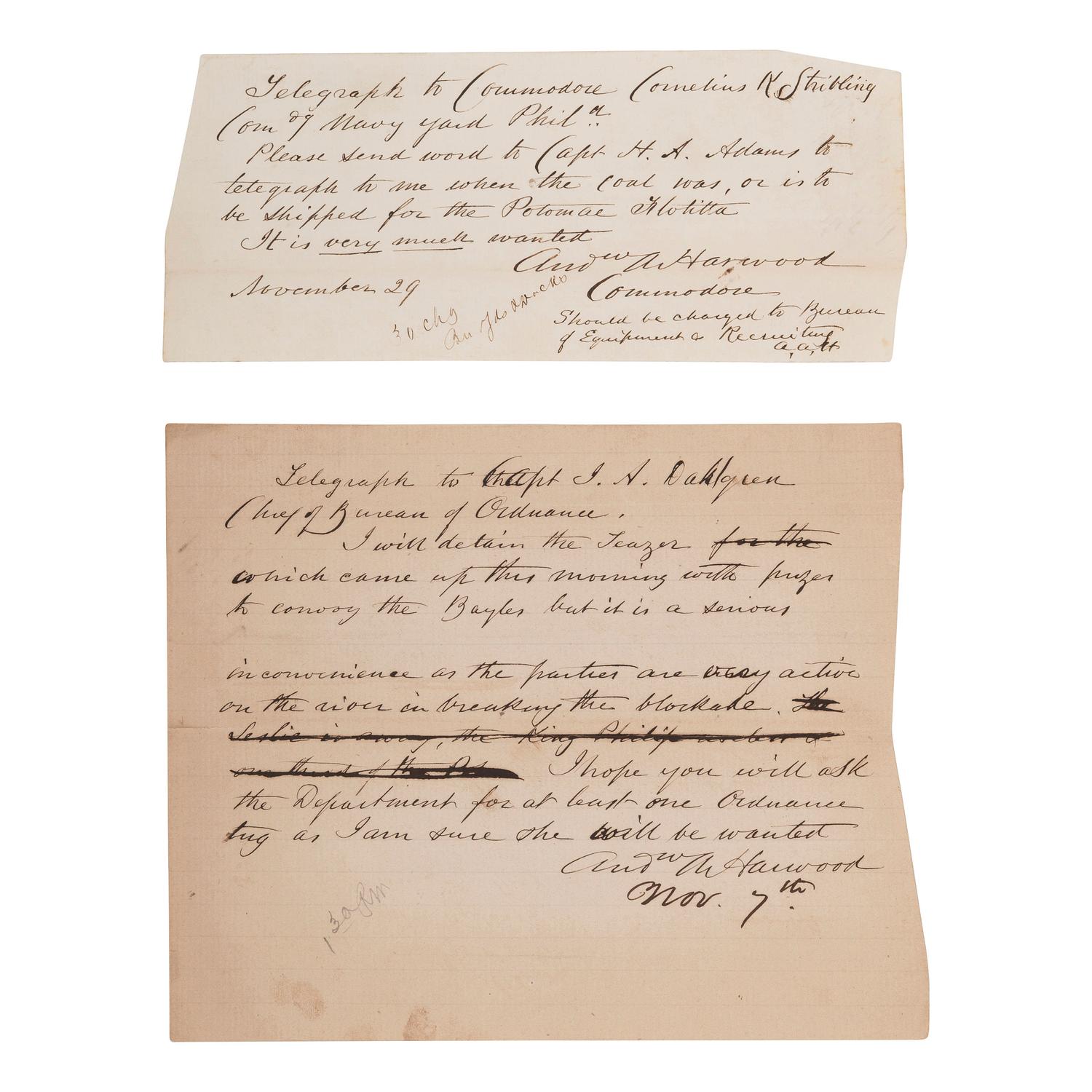 [CIVIL WAR]. HARWOOD, Andrew (1802-1884). A group of 3 documents related to Rear Admiral Andrew A. Harwood, comprising: