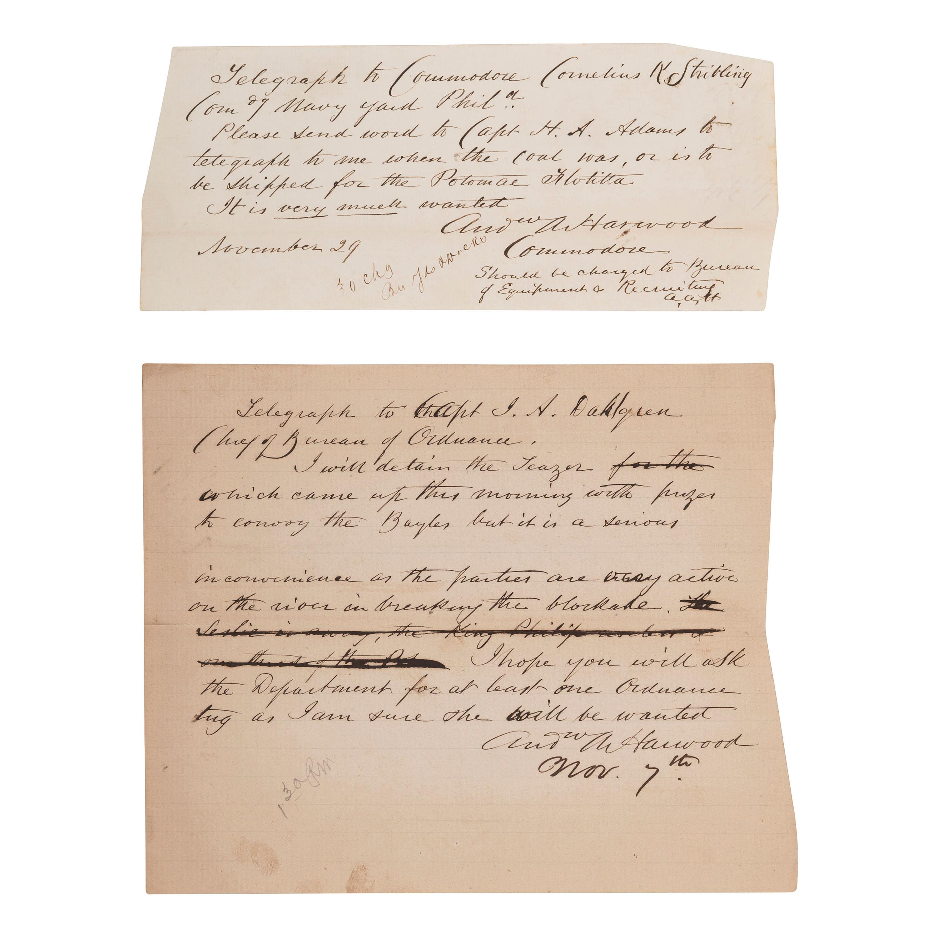 [CIVIL WAR]. HARWOOD, Andrew (1802-1884). A group of 3 documents related to Rear Admiral Andrew A. Harwood, comprising: