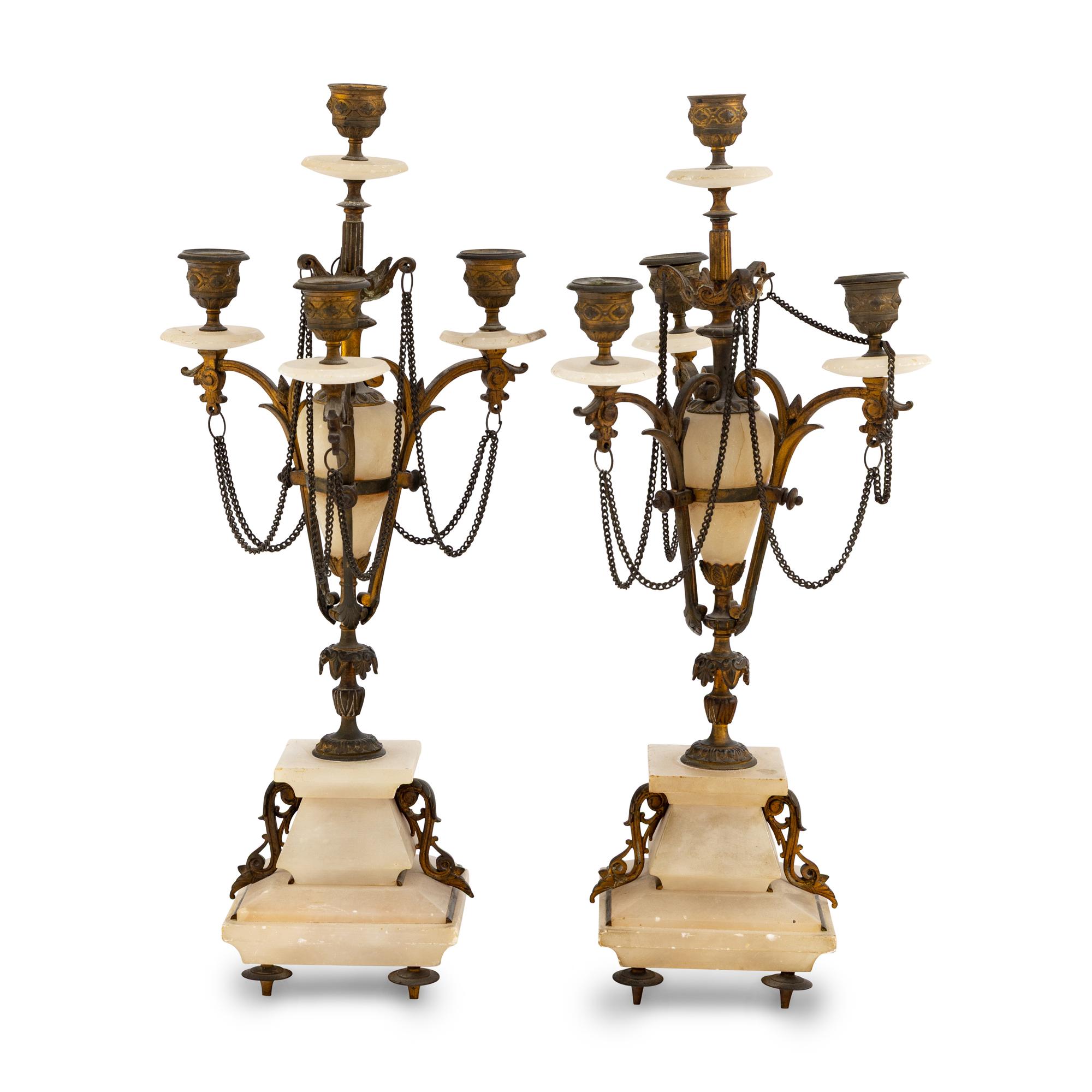 A Pair of French Gilt Metal and Alabaster Candelabra
