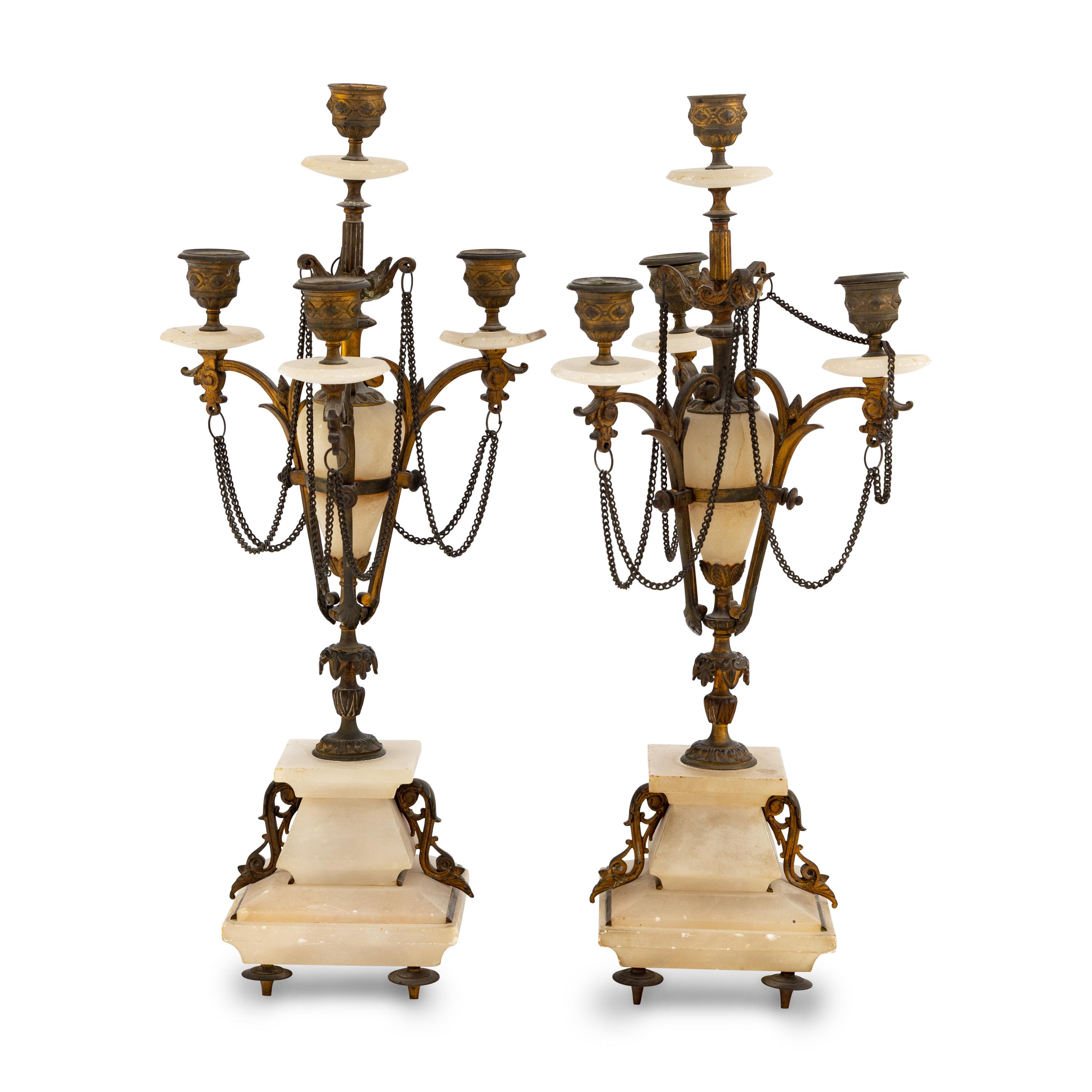 A Pair of French Gilt Metal and Alabaster Candelabra