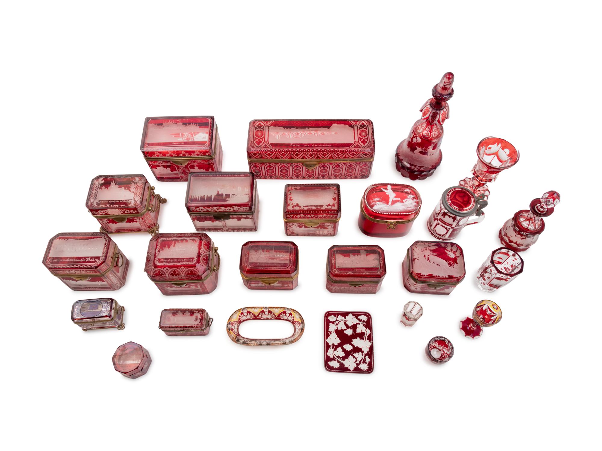 A Collection of Continental Cut-to-Clear Ruby Glass Table Articles