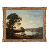 Follower of Alexander Nasmyth (Scottish, 1758-1840) — Travellers on a Roadside by a River, a Figure in a Punt in the Foreground