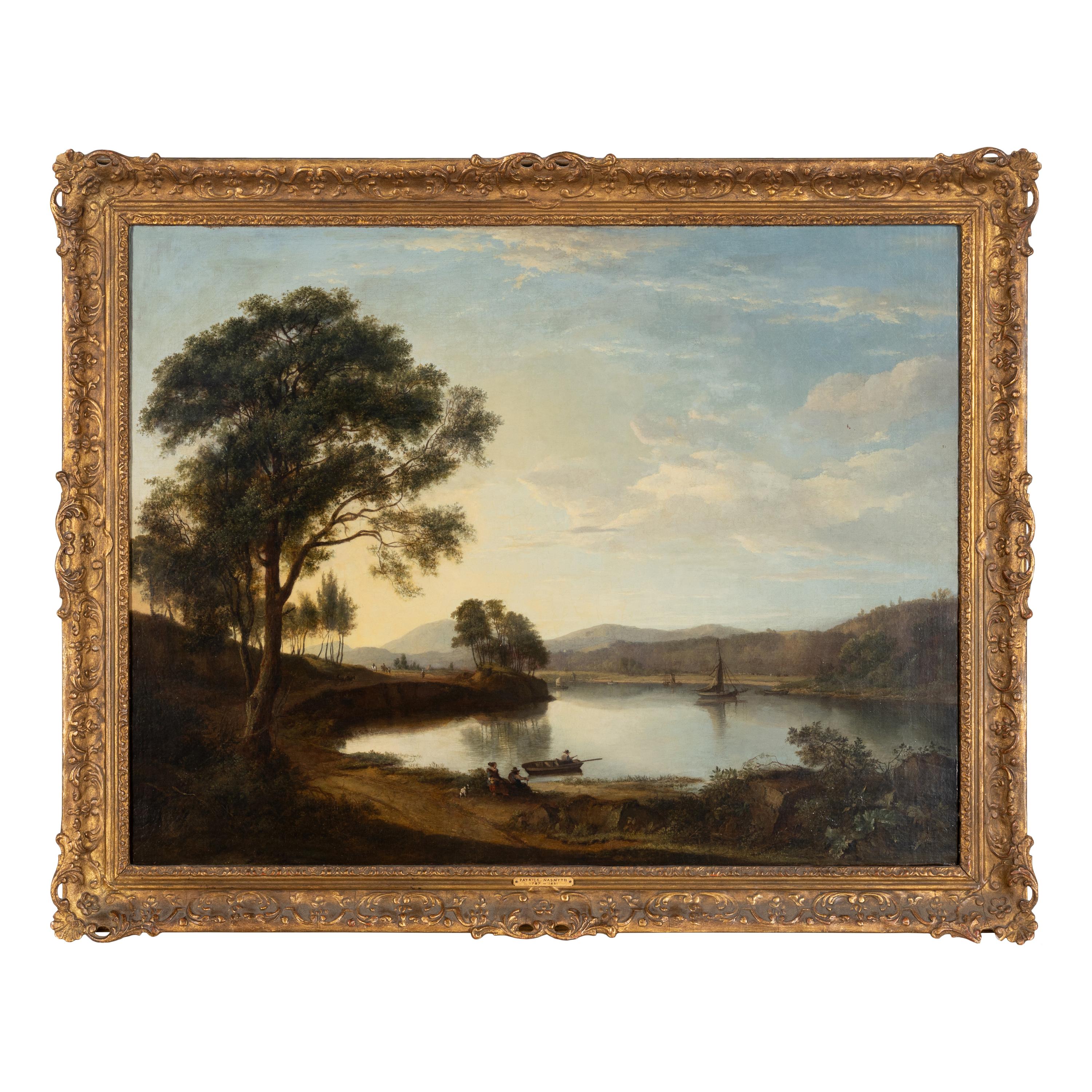 Follower of Alexander Nasmyth (Scottish, 1758-1840) — Travellers on a Roadside by a River, a Figure in a Punt in the Foreground