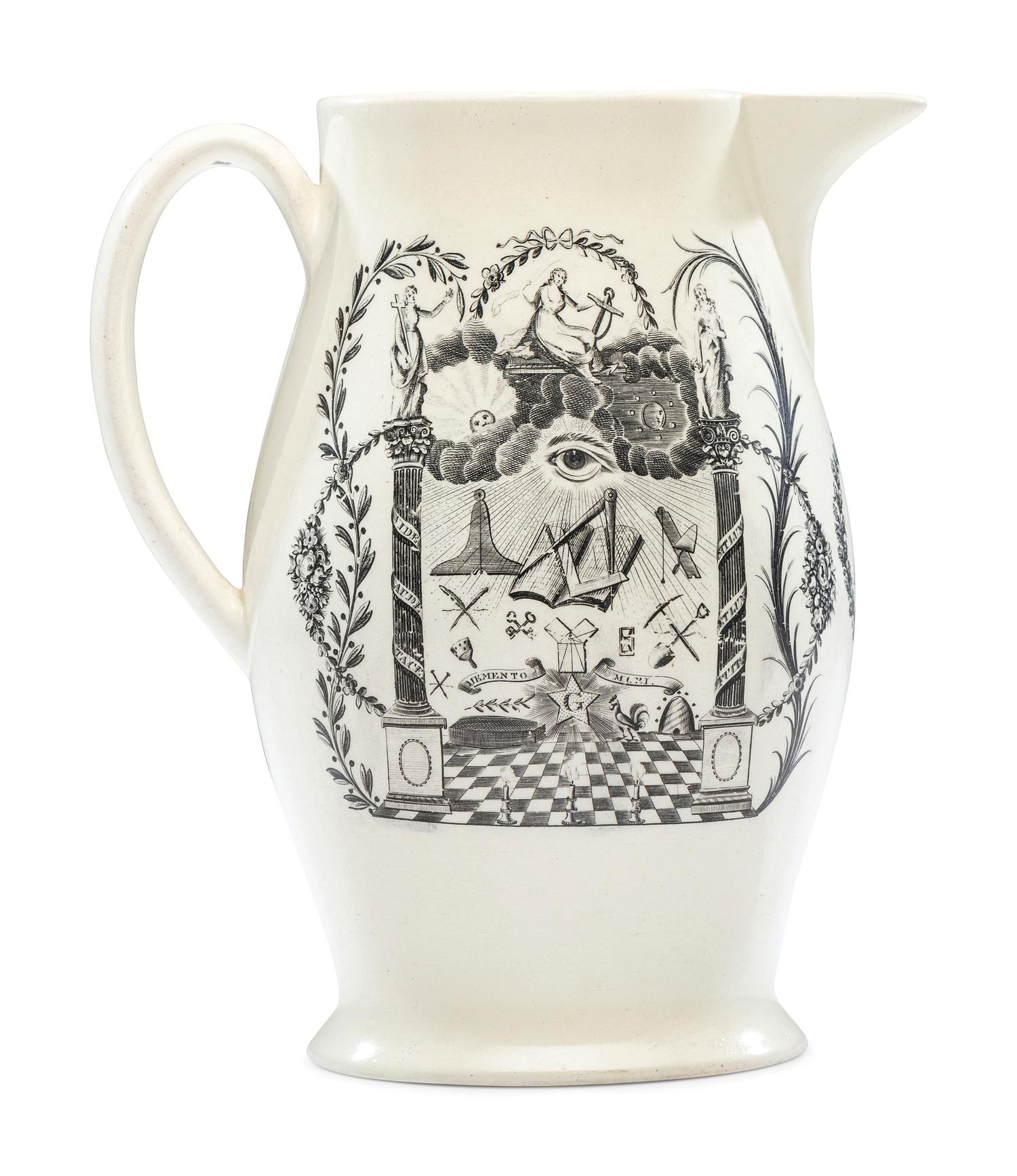 A Rare Liverpool Transfer-Printed Creamware 'John Adams' Pitcher with Masonic Decoration