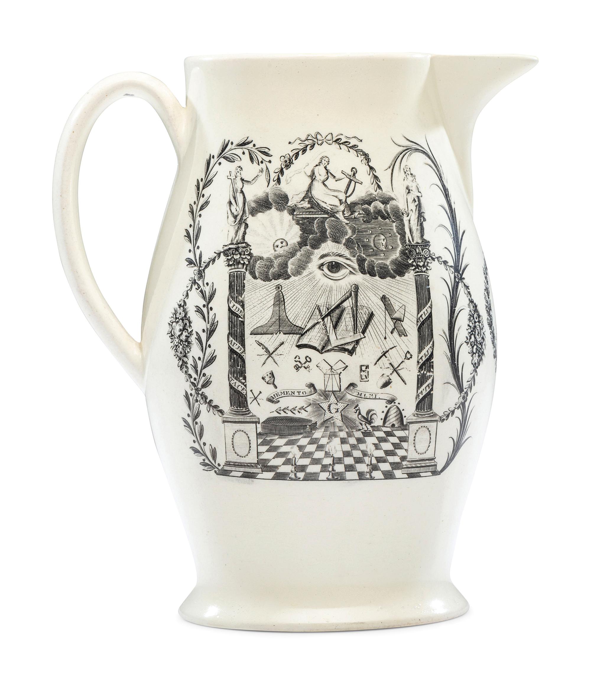 A Rare Liverpool Transfer-Printed Creamware 'John Adams' Pitcher with Masonic Decoration