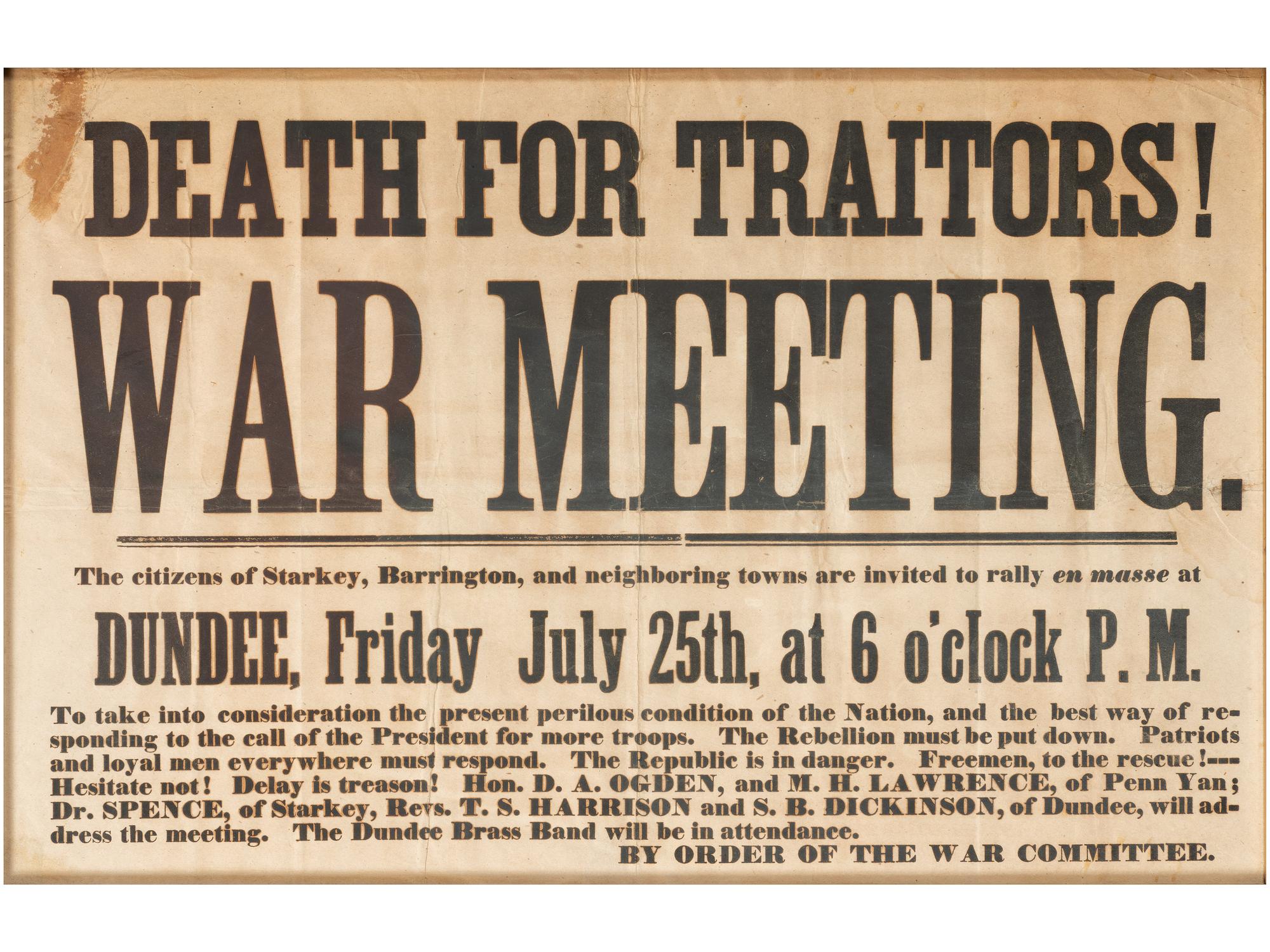 [CIVIL WAR]. Death for Traitors! War Meeting! Broadside. [Yates County, NY]: ca 1861-2.